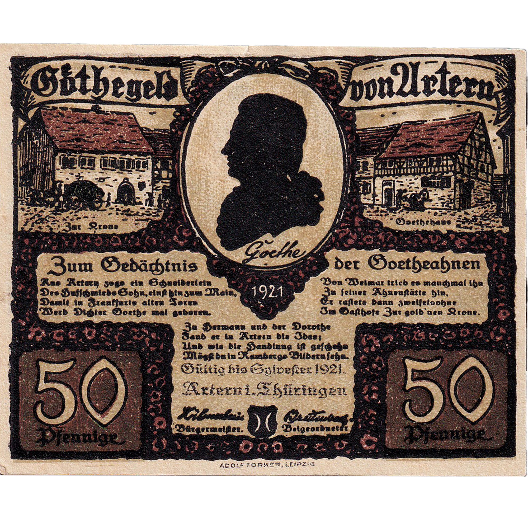 Banknot, Niemcy, Artern, 50 Pfennig, personnage 4, 1921, UNC(63), Mehl:46.3