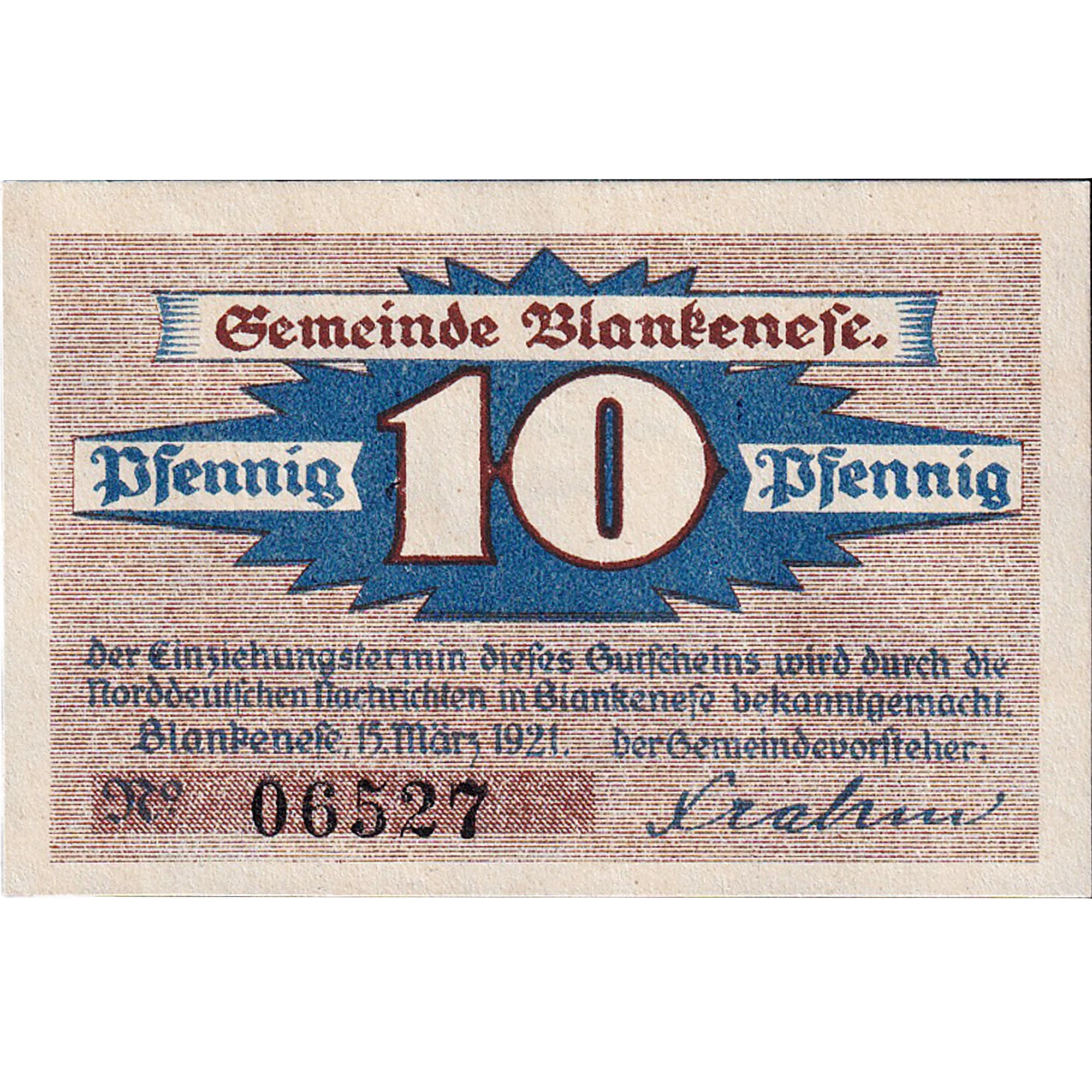 Banknot, Niemcy, Blankenese, 10 Pfennig, bateau, 1921 UNC(63) Mehl:115.1a