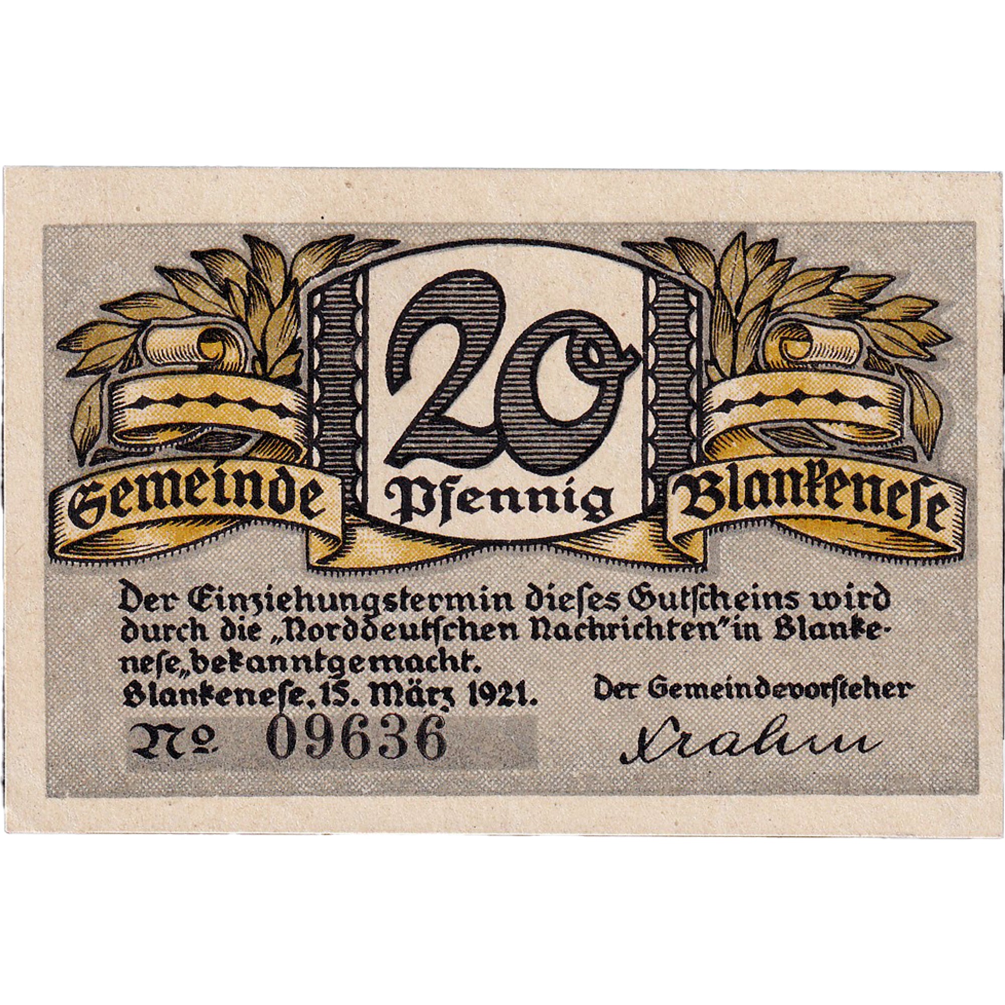 Nota, Alemanha, Blankenese, 20 Pfennig, paysage 1921-03-15, UNC(63) Mehl:115.1a