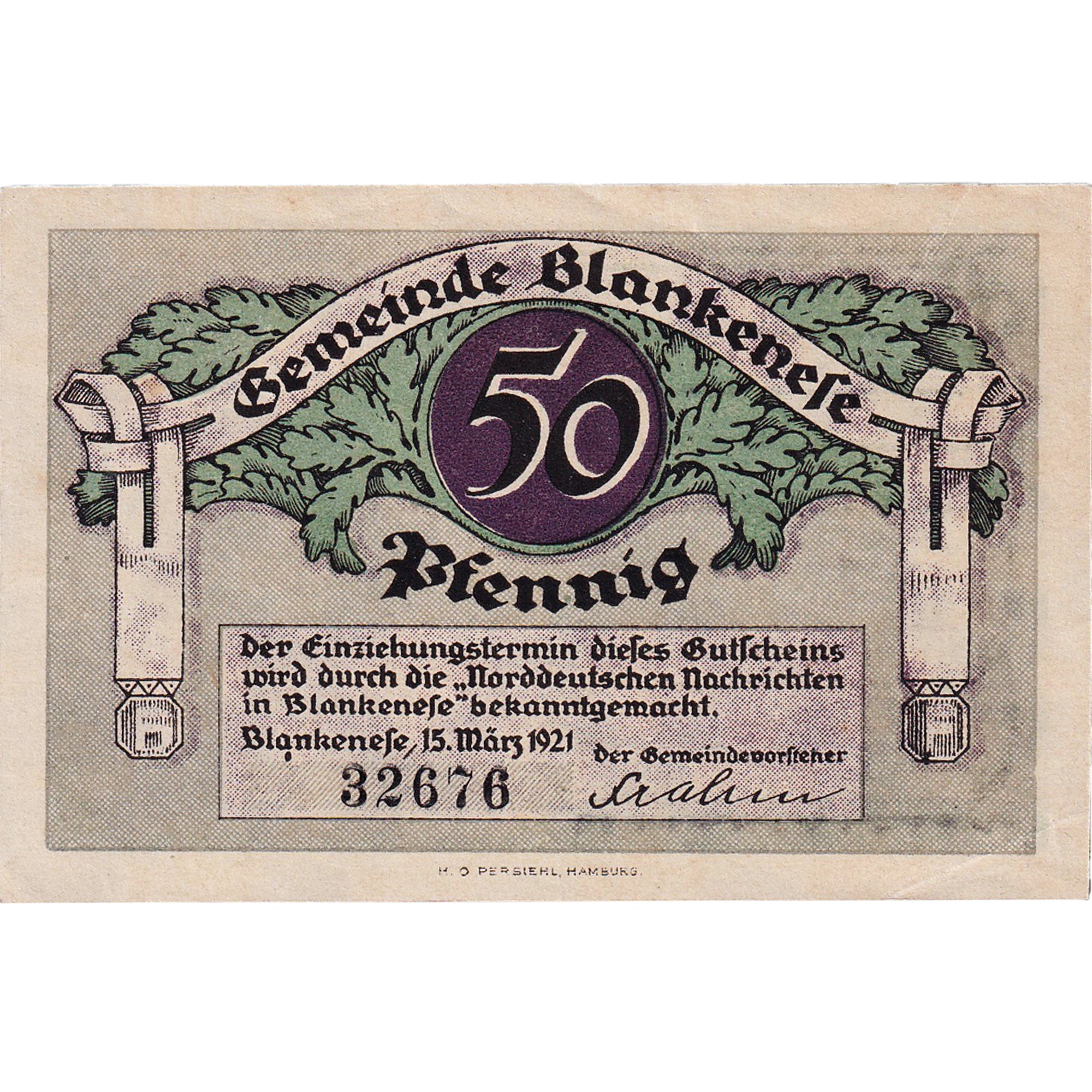 Nota, Alemanha, Blankenese, 50 Pfennig, pêcheur, 1921 UNC(63) Mehl:115.1a
