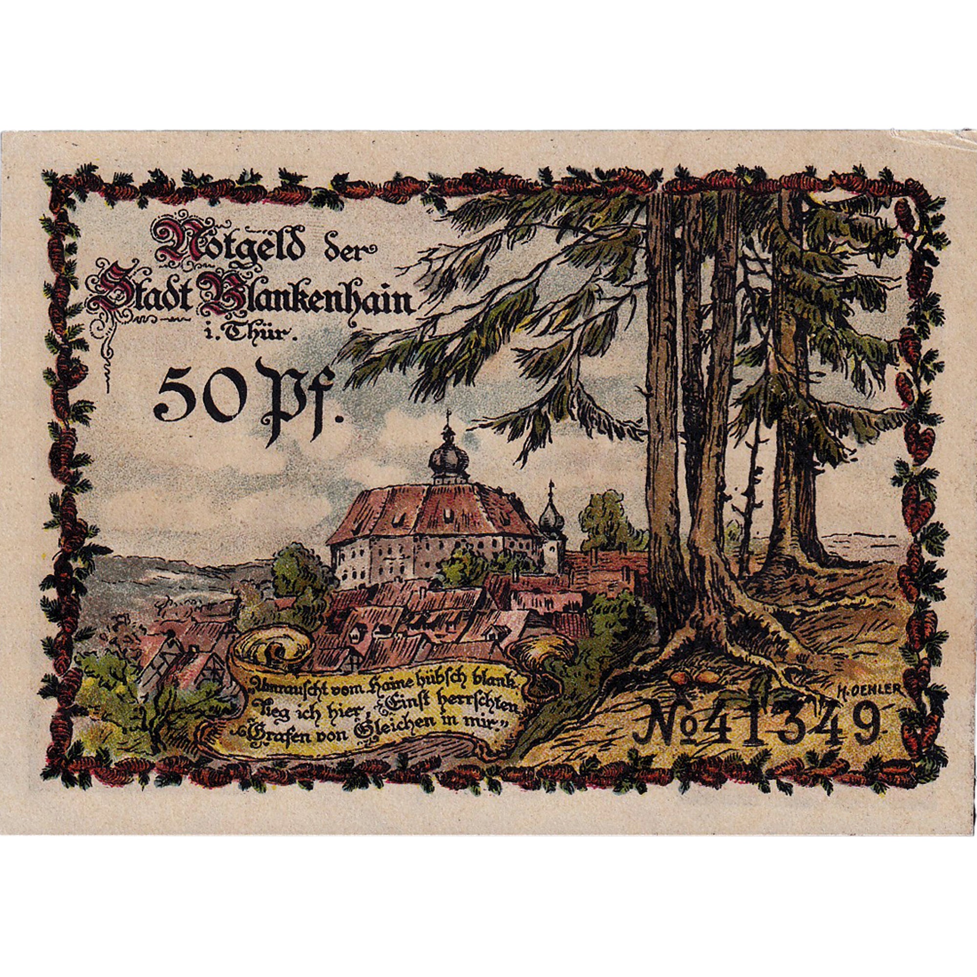 Nota, Alemanha, Blankenhain, 50 Pfennig, château, 1921, UNC(63), Mehl:117.1