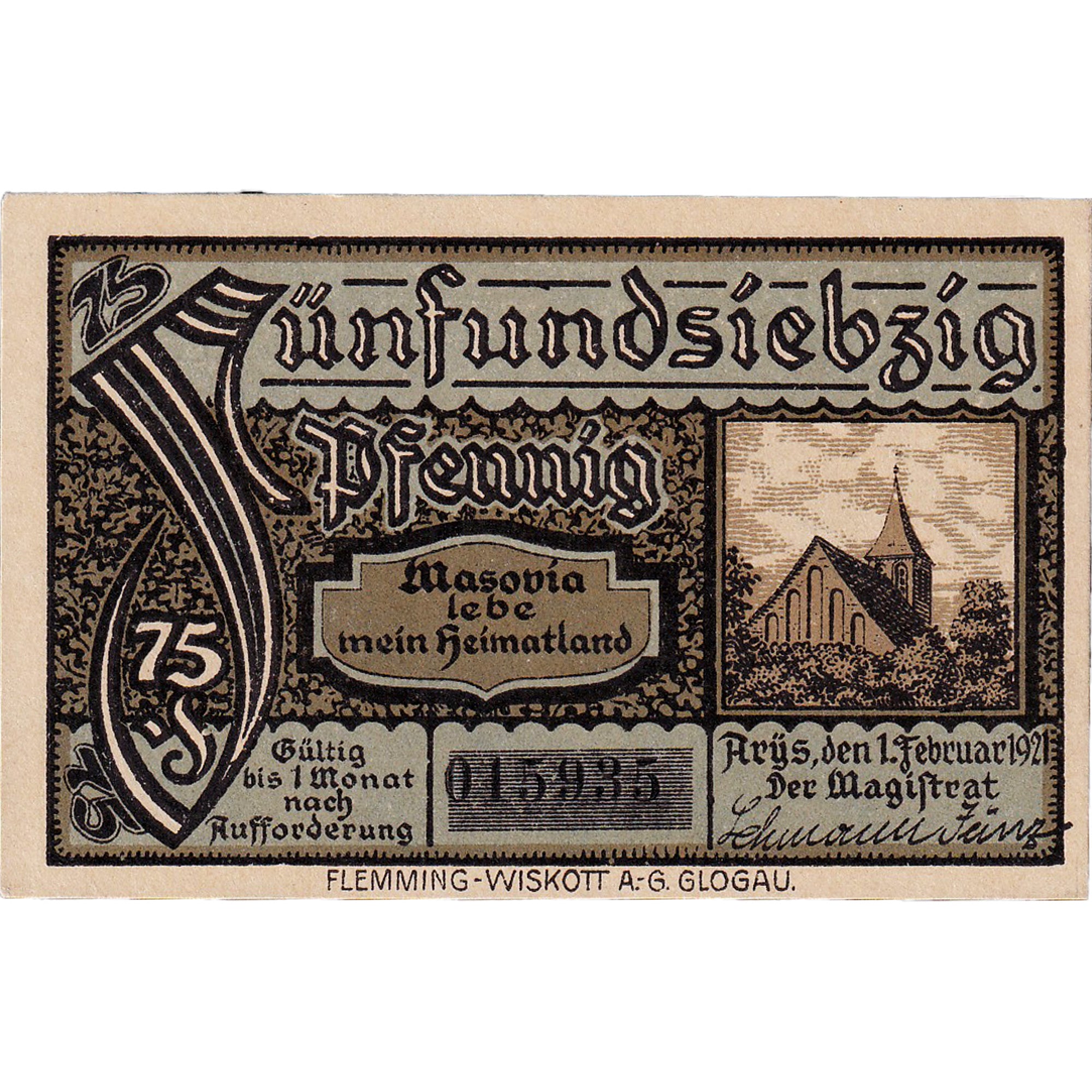 Banconote, Germania, Arys, 75 Pfennig, Blason, 1921, 1921-02-01, SPL, Mehl:47.1a