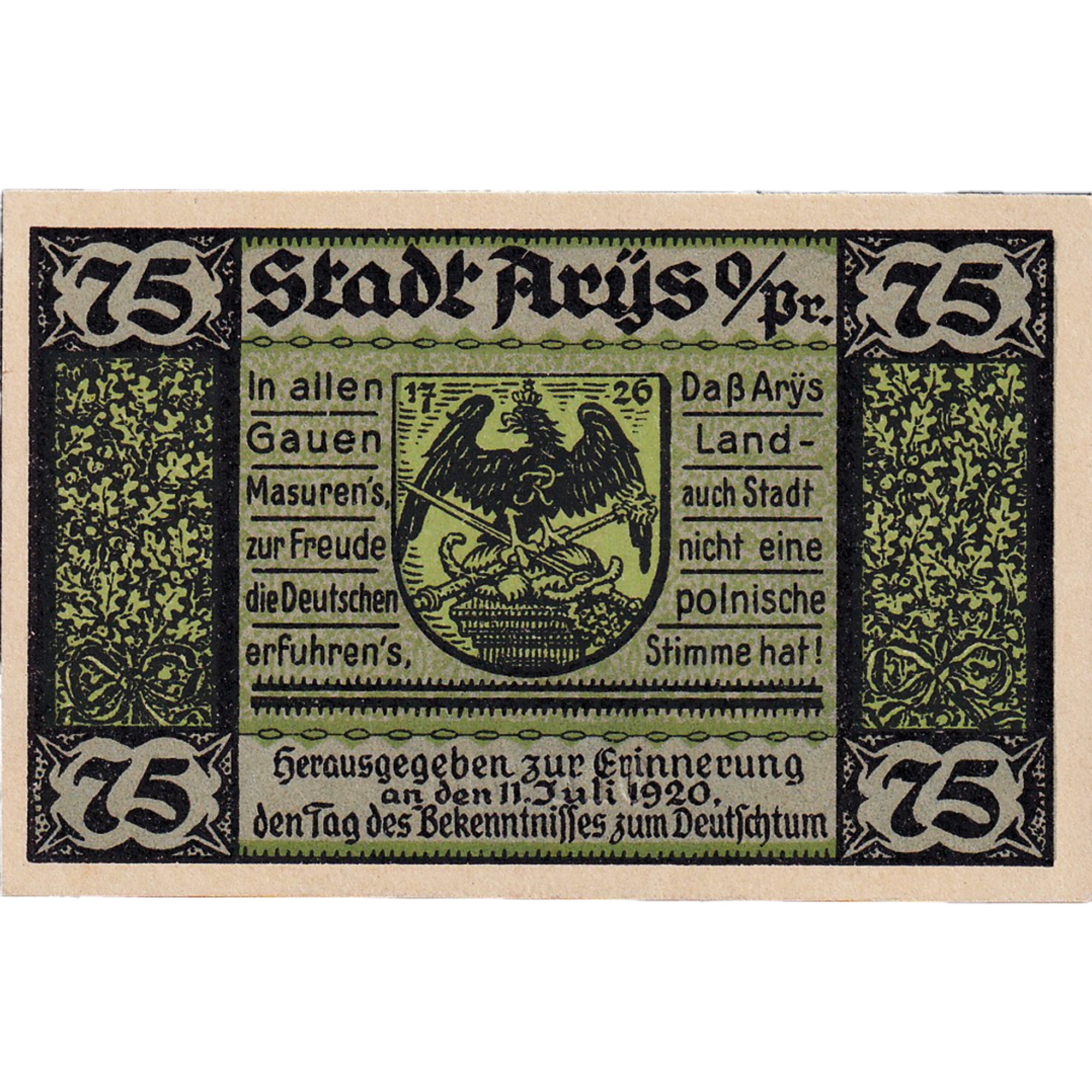 Banconote, Germania, Arys, 75 Pfennig, Blason, 1921, 1921-02-01, SPL, Mehl:47.1a