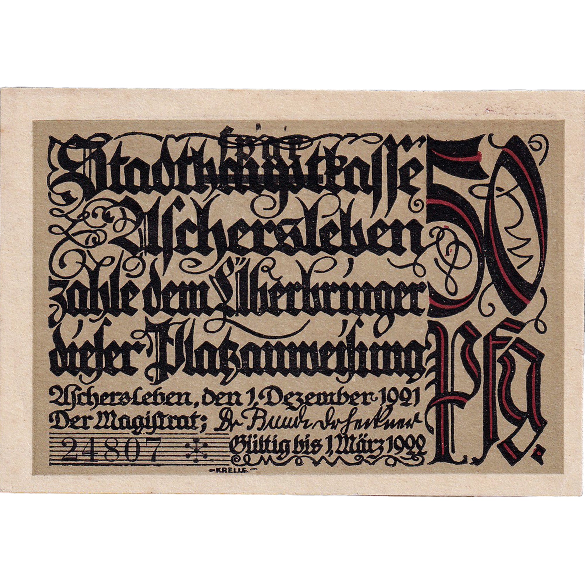 Banknot, Niemcy, Aschersleben, 50 Pfennig, place 1921-12-01, UNC(63) Mehl:50.3