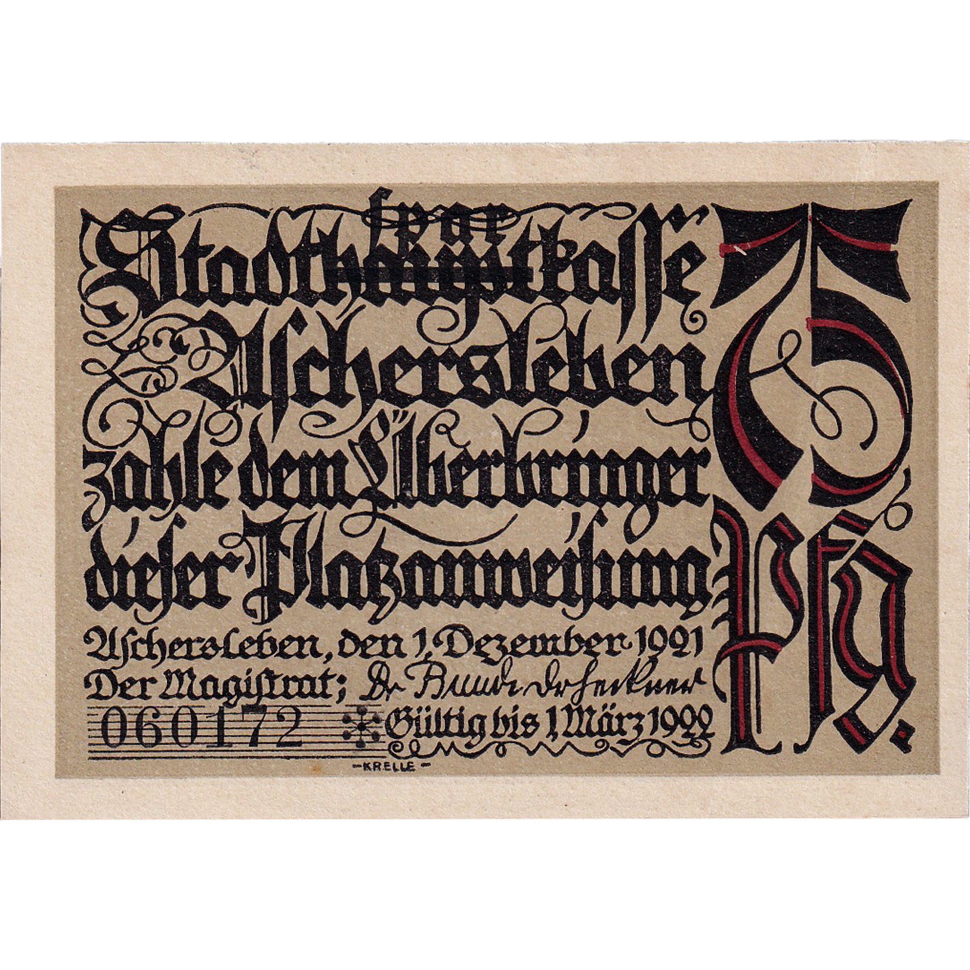 Banconote, Germania, Aschersleben, 75 Pfennig, rue, 1921 SPL Mehl:50.3
