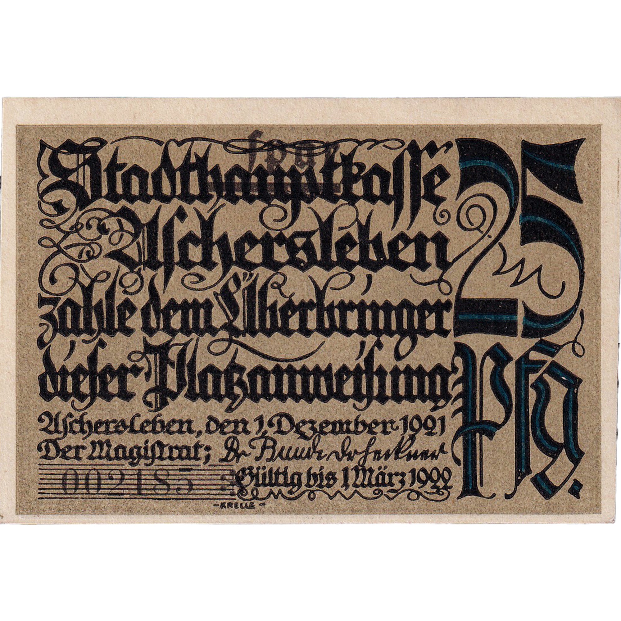 Banconote, Germania, Aschersleben, 25 Pfennig, paysage, 1921 SPL Mehl:50.6