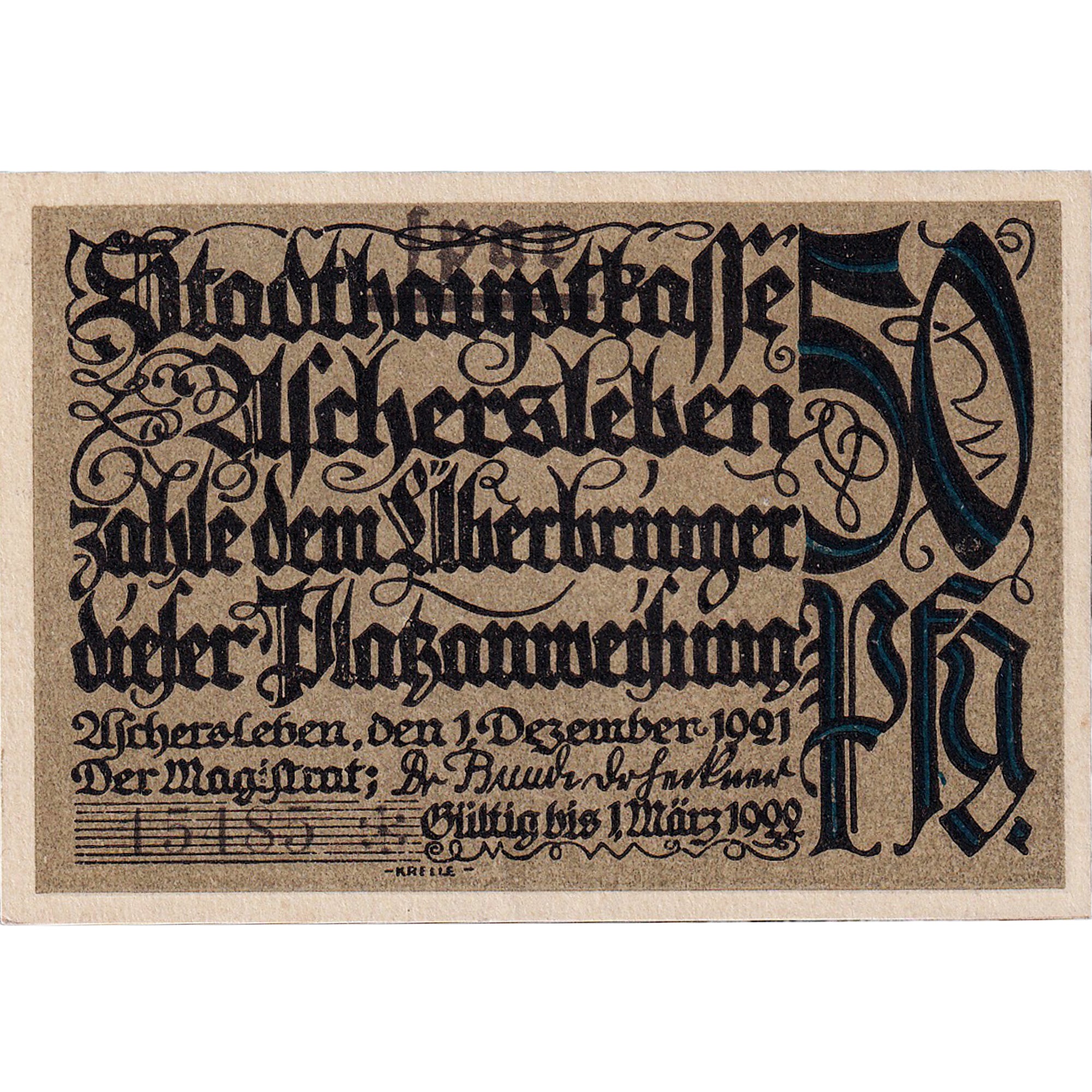 Banknot, Niemcy, Aschersleben, 50 Pfennig, arbre 1921-12-01, UNC(63) Mehl:50.6