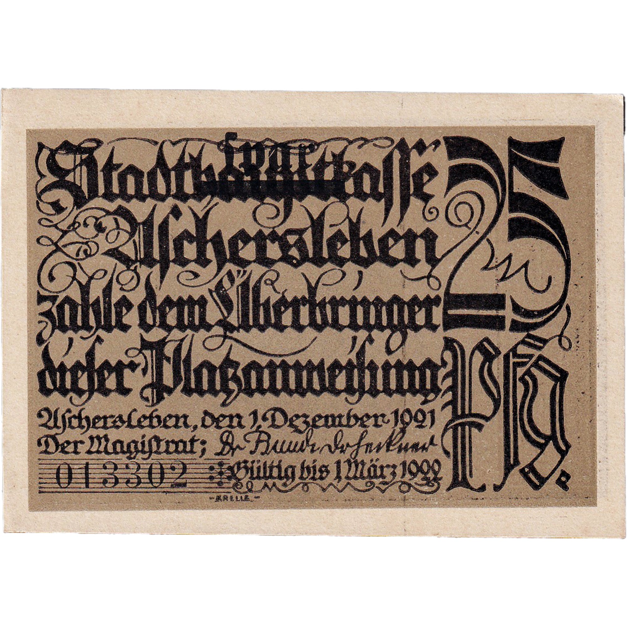 Banconote, Germania, Aschersleben, 25 Pfennig, champs, 1921 SPL Mehl:50.6