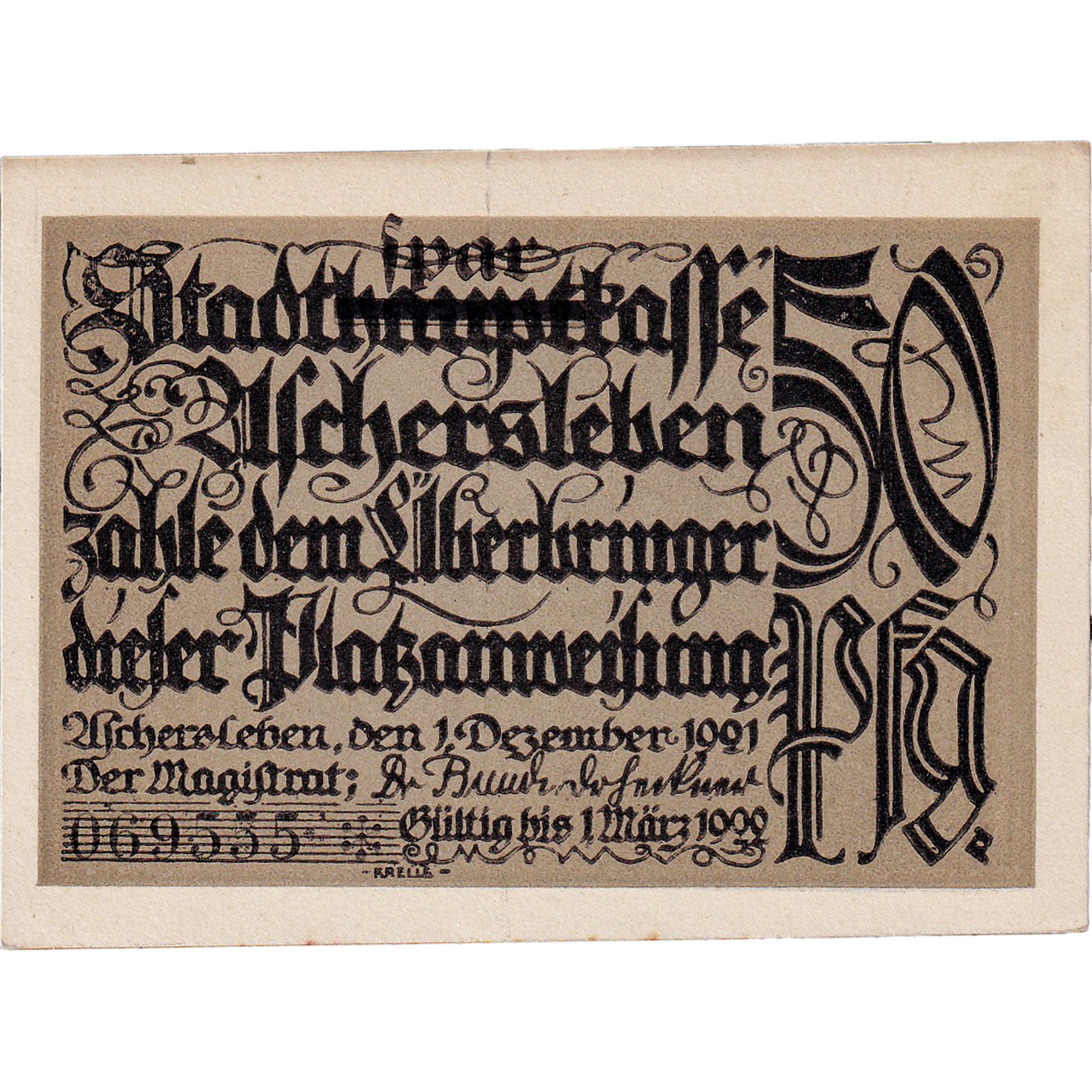 Banconote, Germania, Aschersleben, 50 Pfennig, personnage, 1921 SPL Mehl:50.6