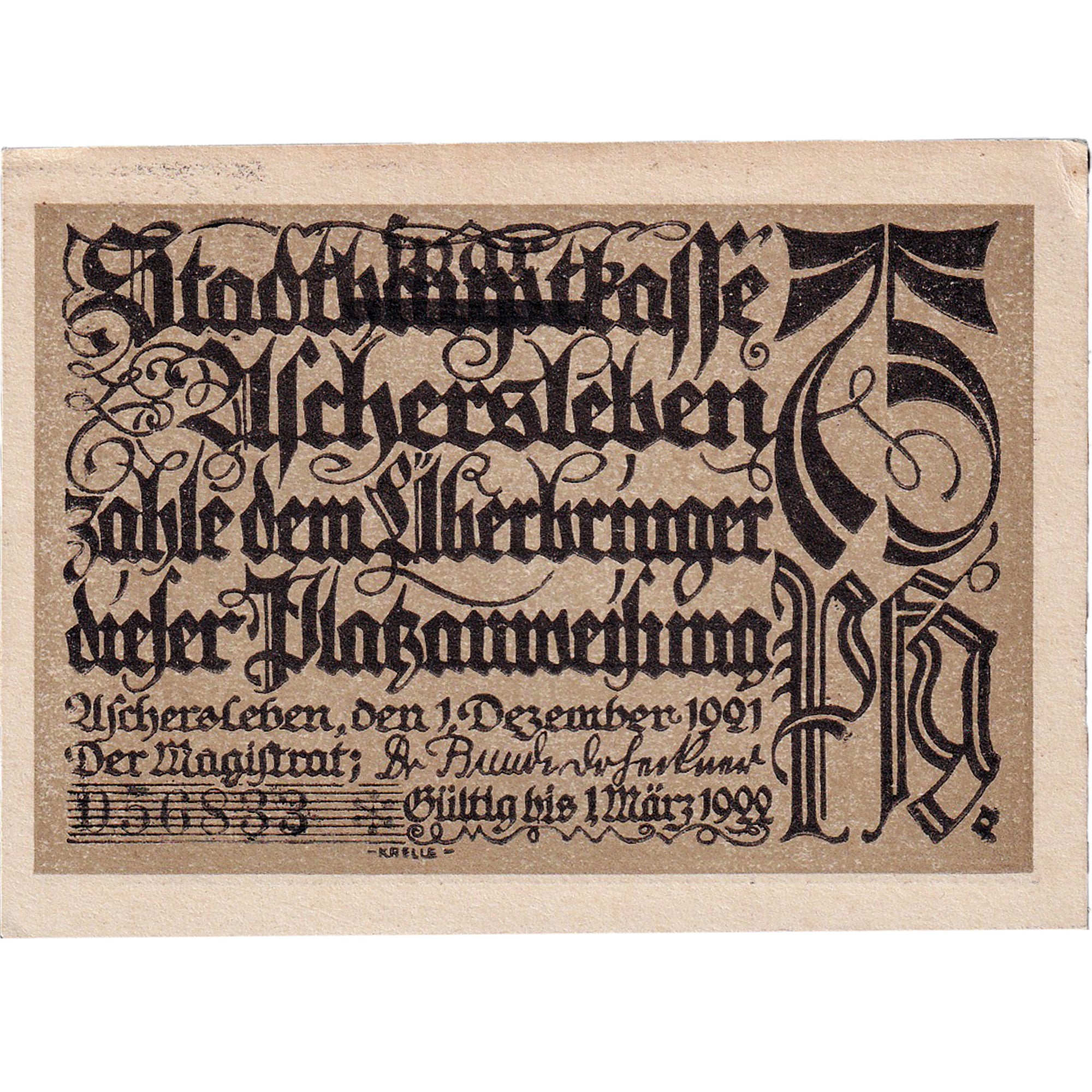 Banknot, Niemcy, Aschersleben, 75 Pfennig, personnage, 1921 SPL Mehl:50.6