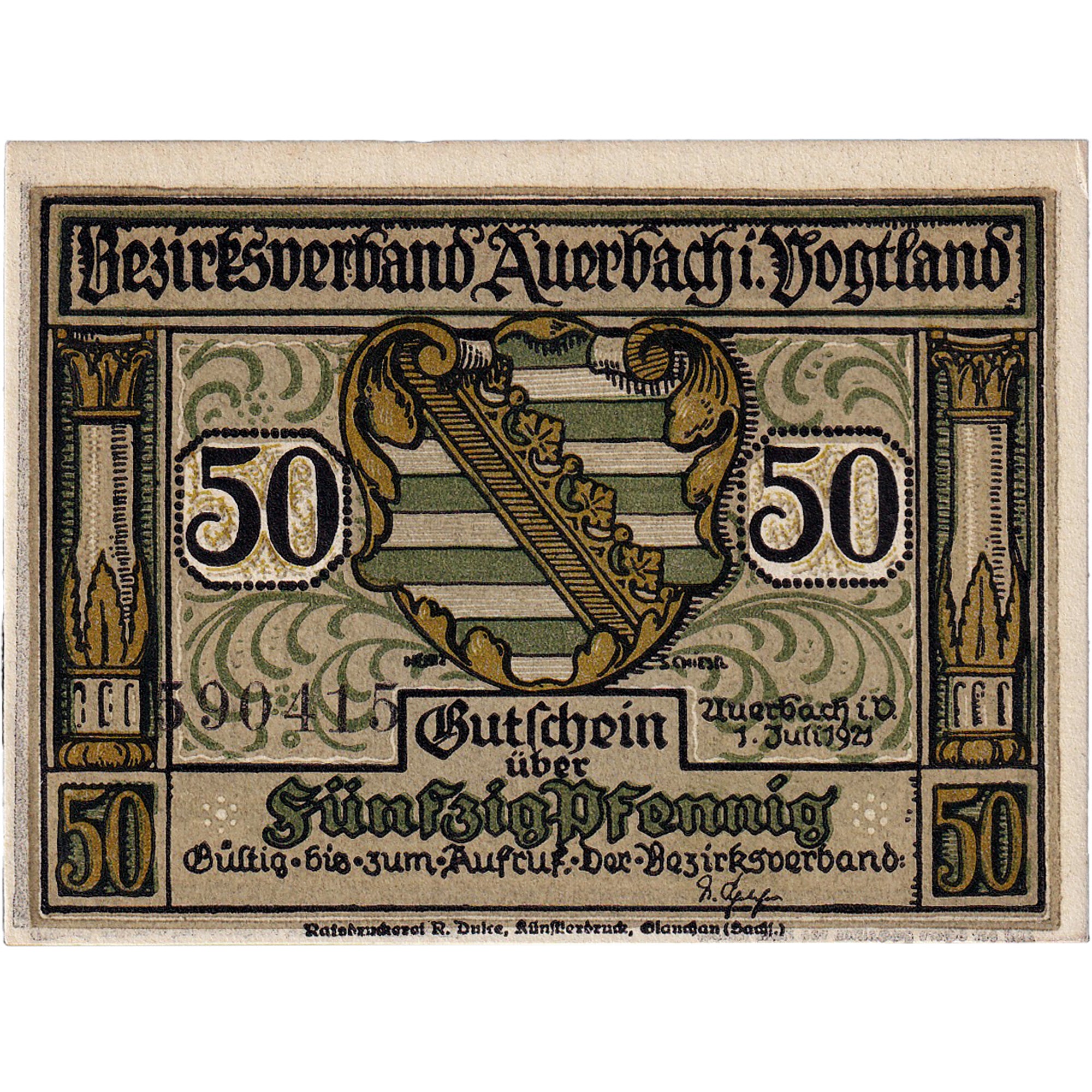 Banknot, Niemcy, Auerbach, 50 Pfennig, personnage, 1921 UNC(63) Mehl:53.1a