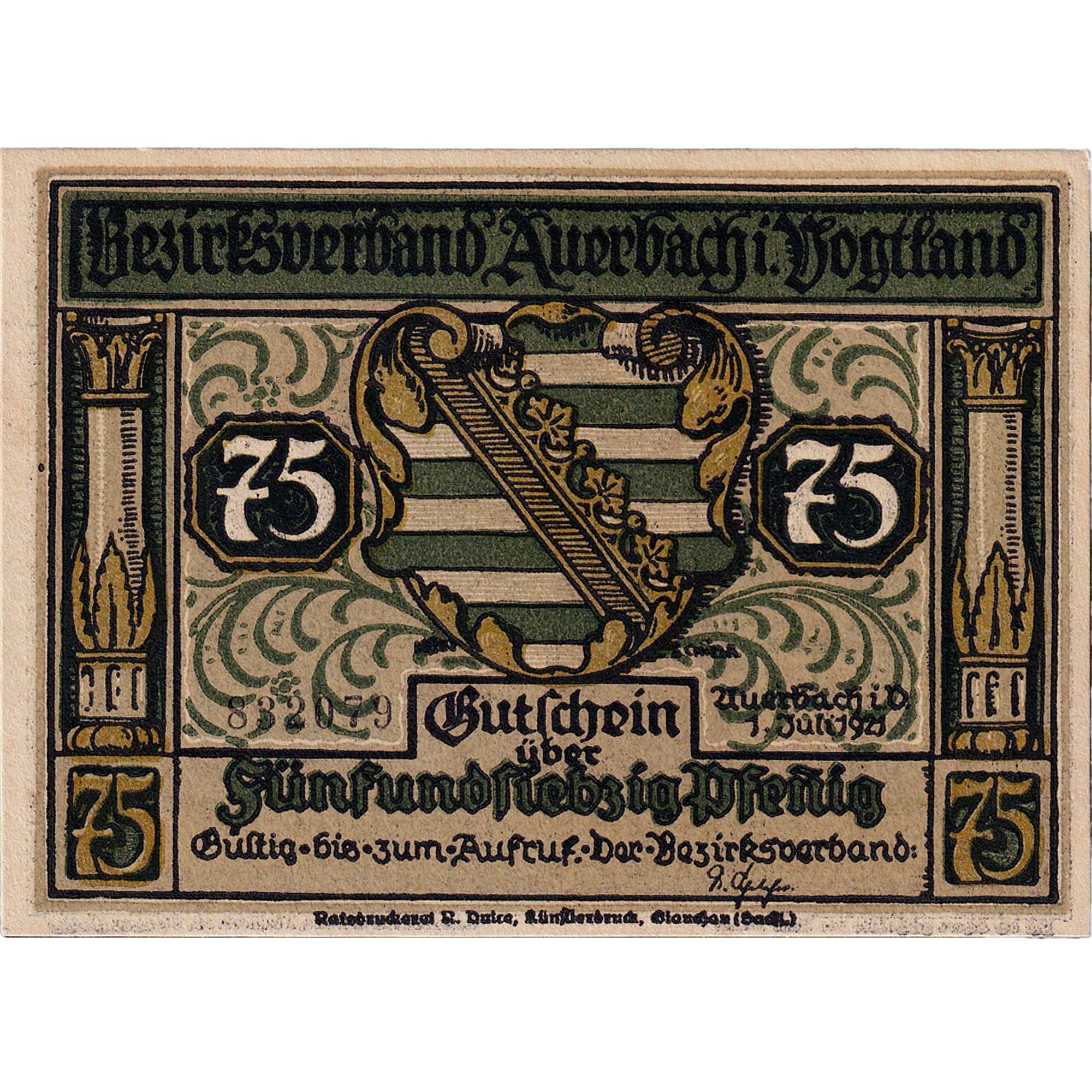 Banconote, Germania, Auerbach, 75 Pfennig, personnage, 1921 SPL Mehl:53.1a