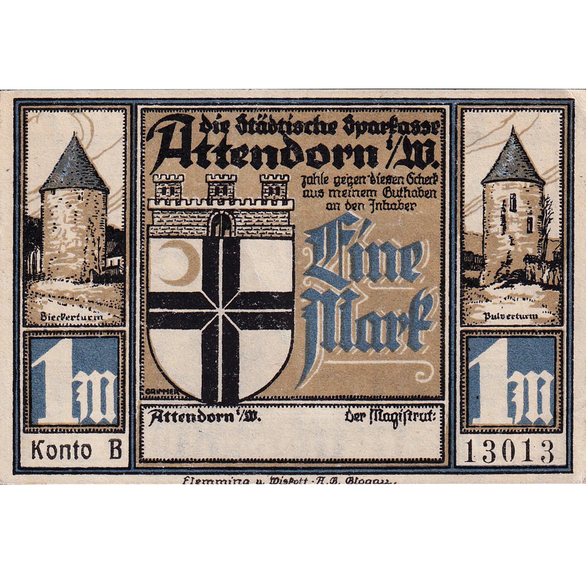 Banconote, Germania, Attendorn, 1 Mark, tour, 1922, SPL, Mehl:51.1c