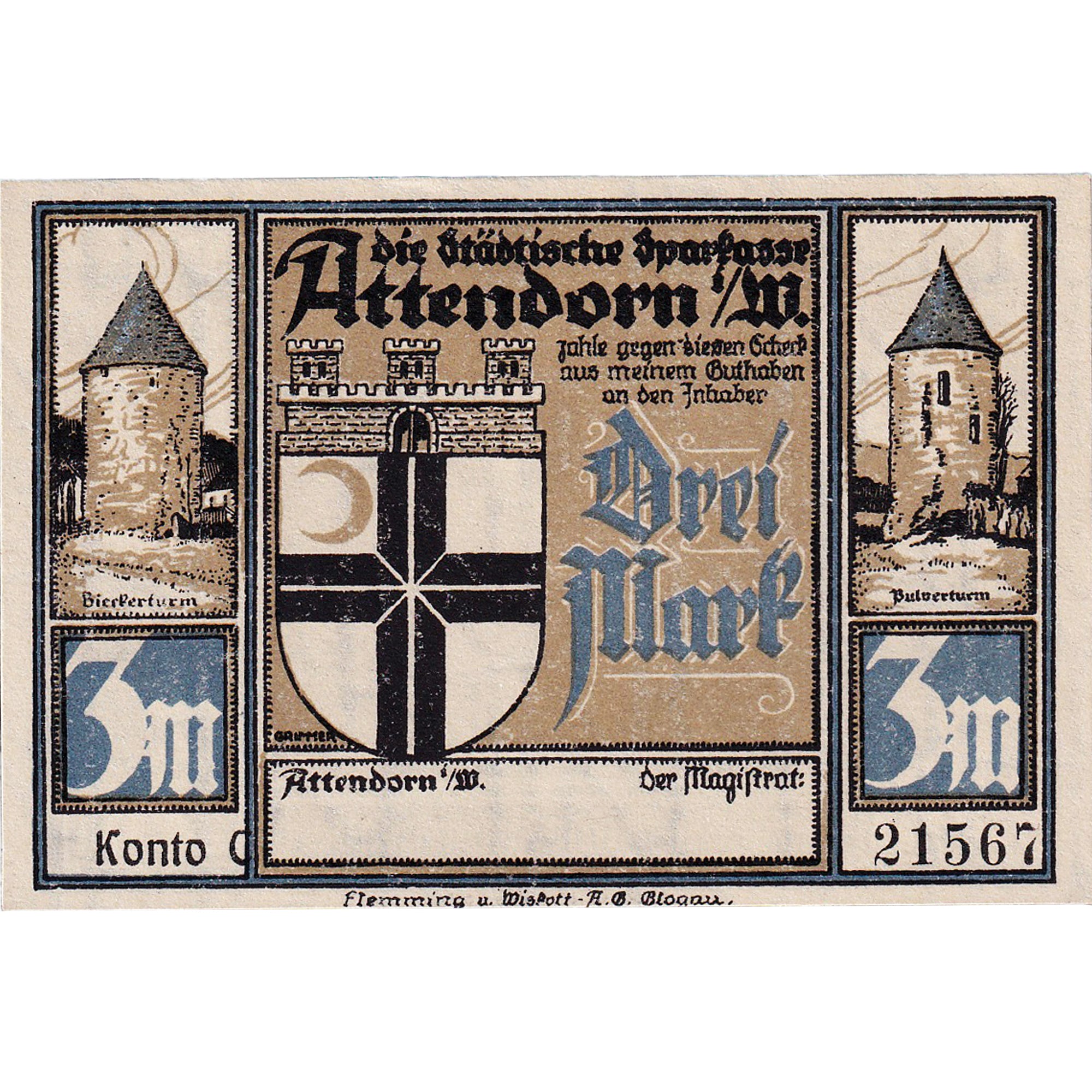 Banknot, Niemcy, Attendorn, 3 Mark, château, 1922, UNC(63), Mehl:51.1c