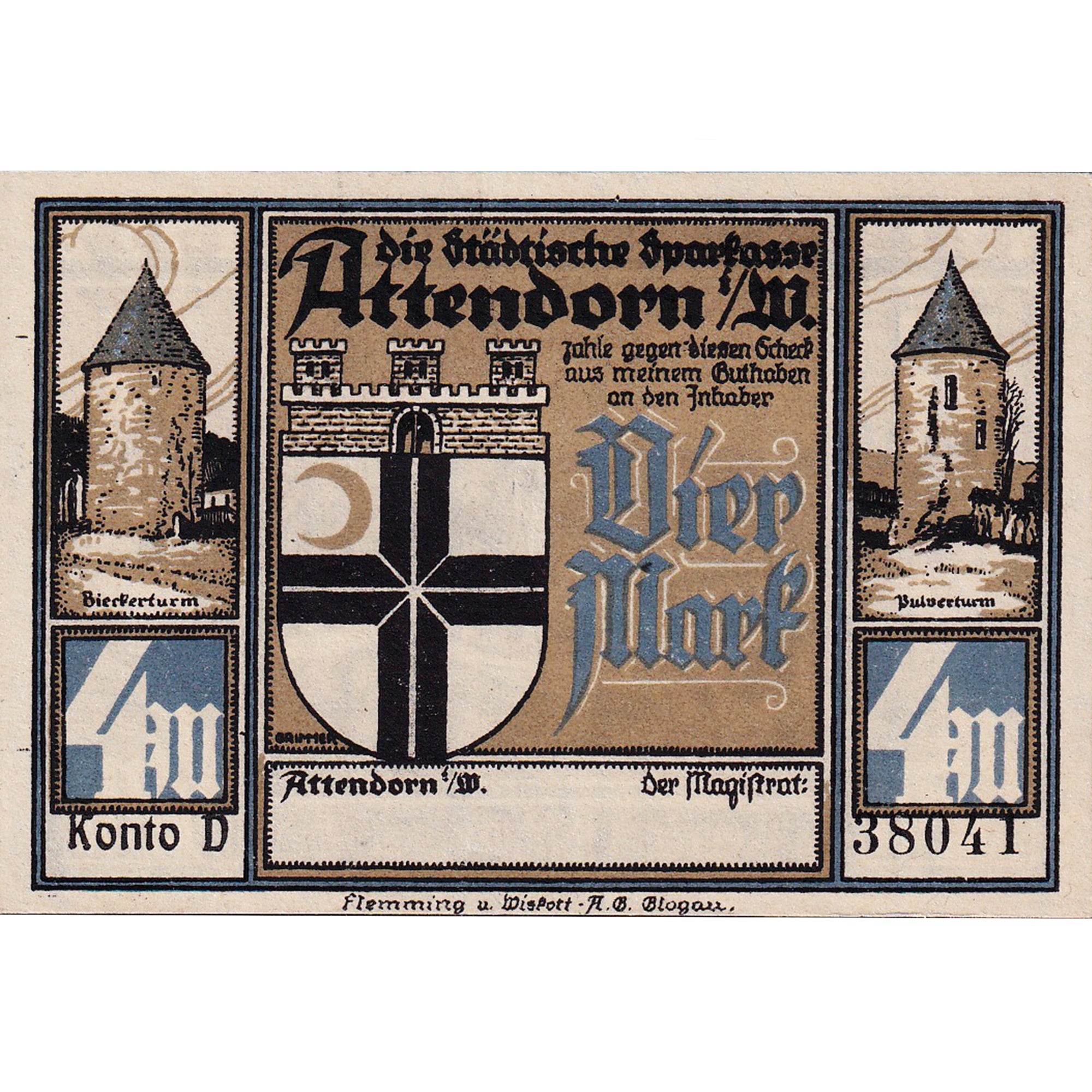 Banknot, Niemcy, Attendorn, 4 Mark, village, 1922, UNC(63), Mehl:51.1c