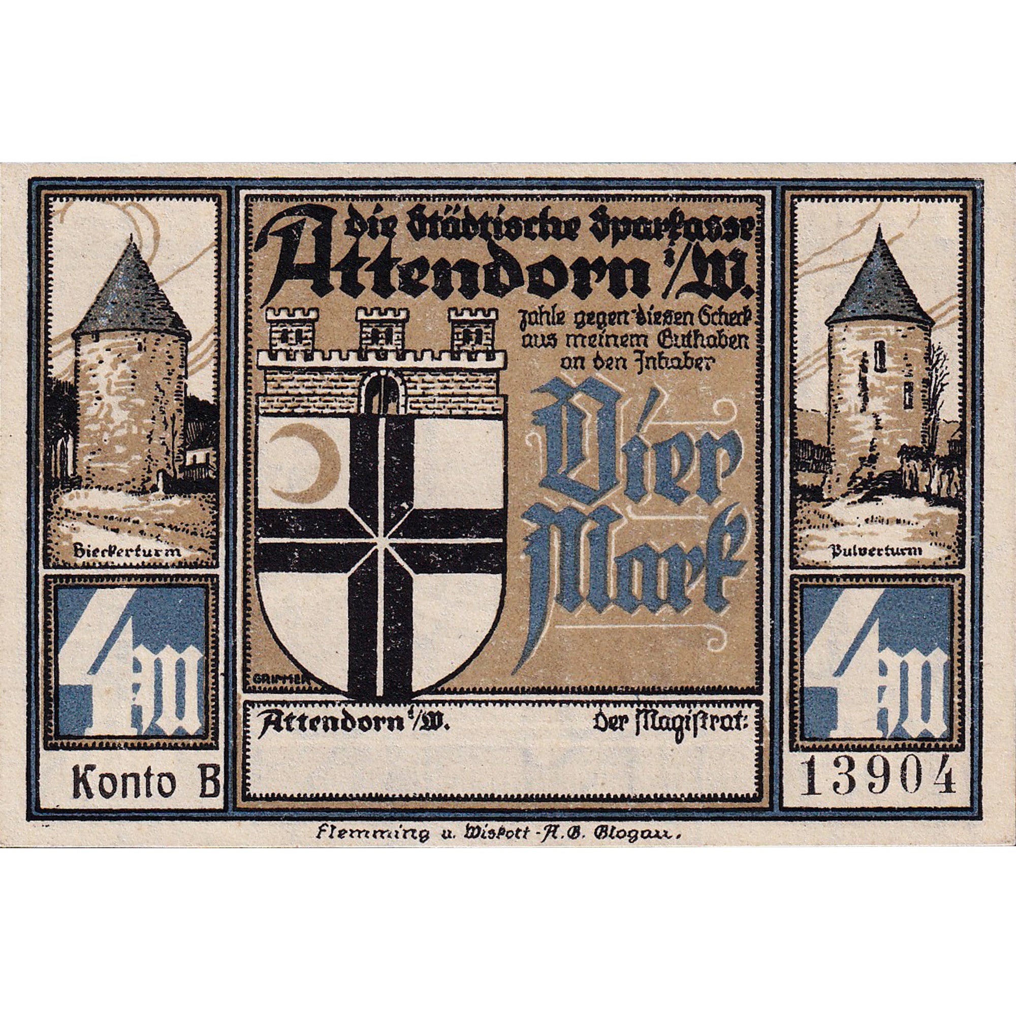 Banconote, Germania, Attendorn, 4 Mark, champs, 1922, SPL, Mehl:51.1c