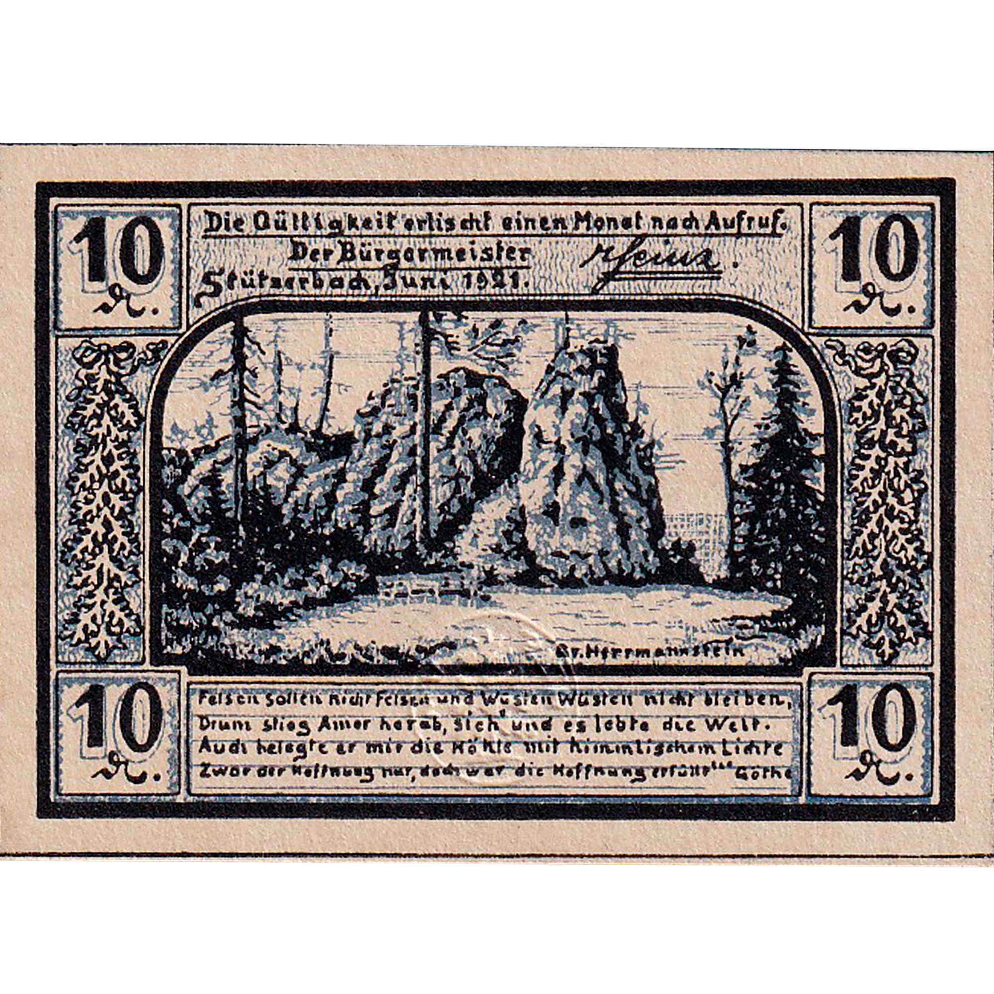 Banknot, Niemcy, Stützerbach, 10 Pfennig, Maison, 1921, UNC(63), Mehl:1287.3