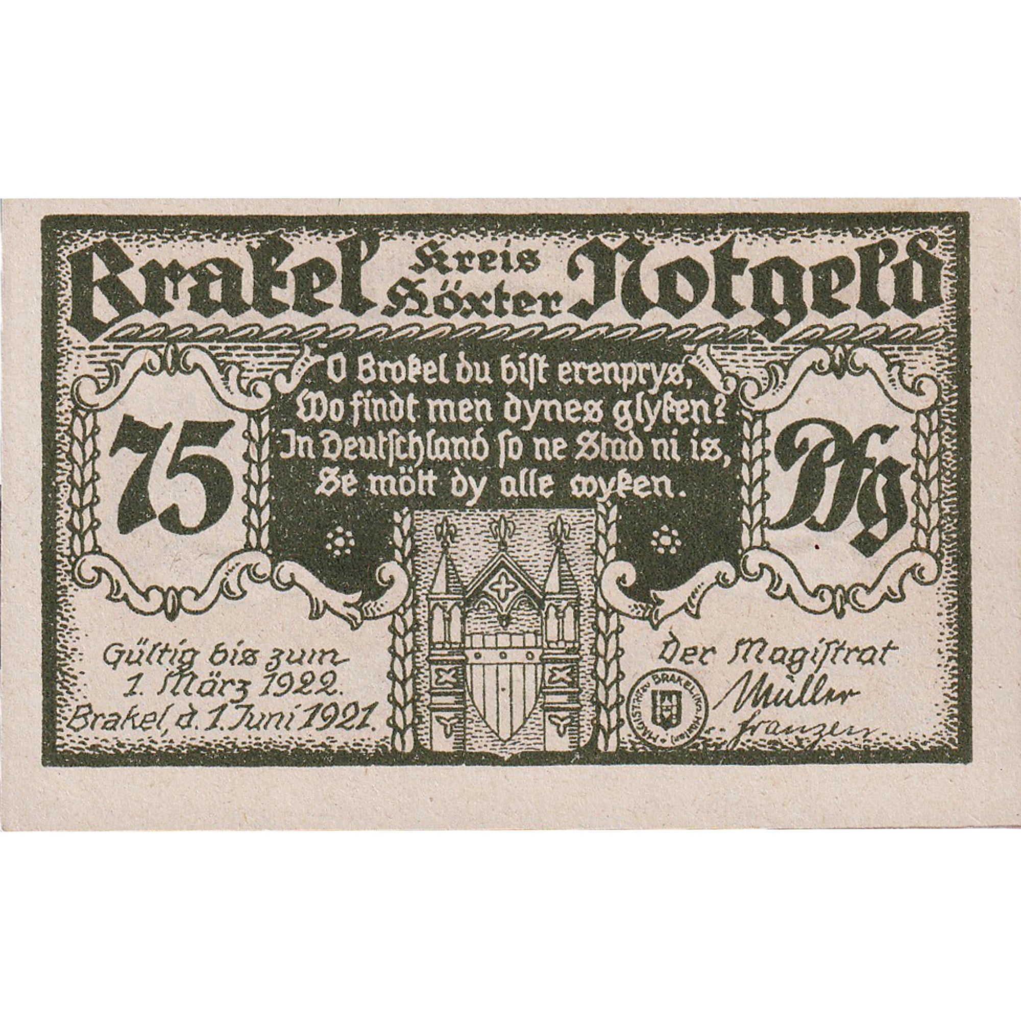 Banknot, Niemcy, Brakel, 75 Pfennig, Monument, 1922 UNC(63) Mehl:150.1