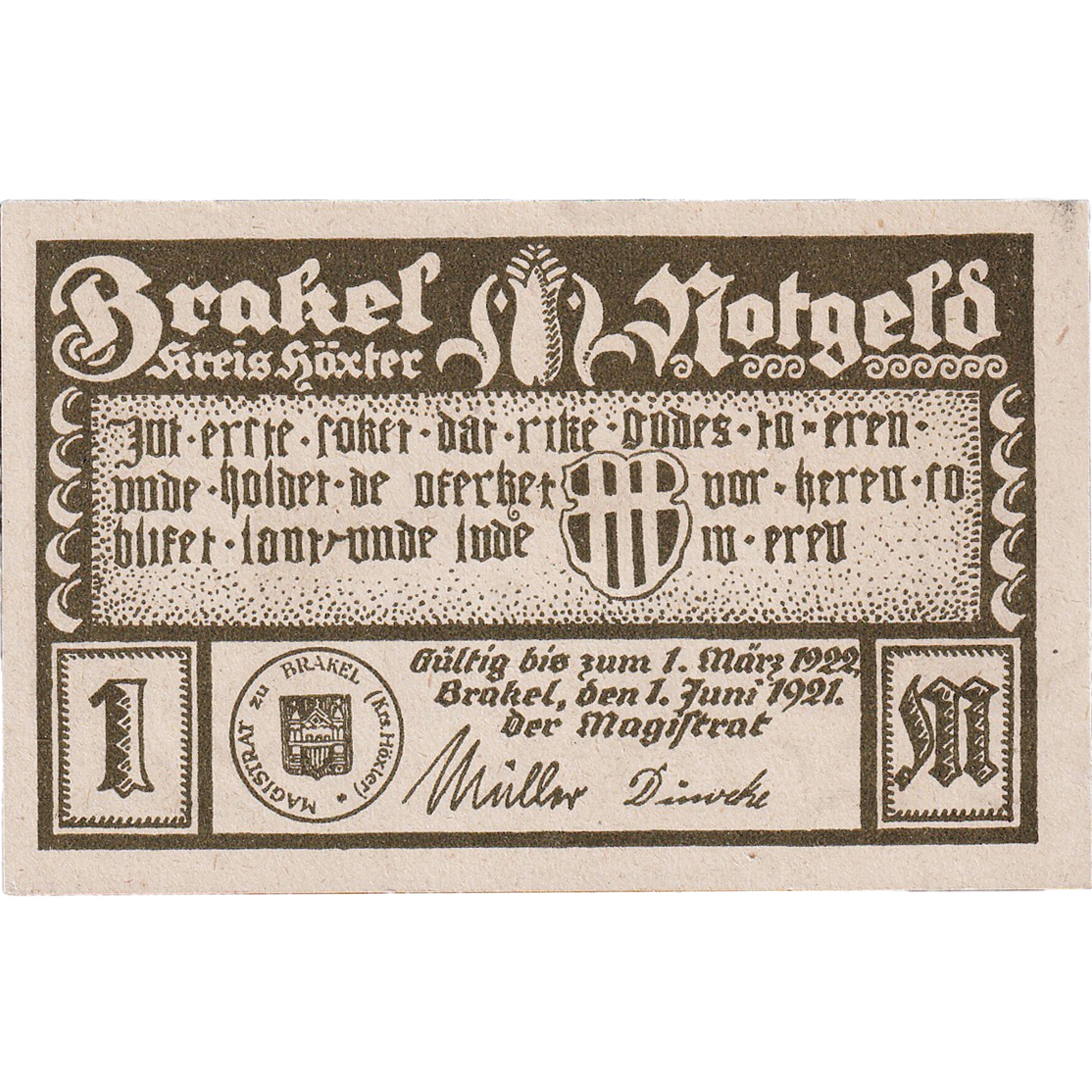 Banknot, Niemcy, Brakel, 1 Mark, rue, 1922, 1922-03-01, UNC(63), Mehl:150.1