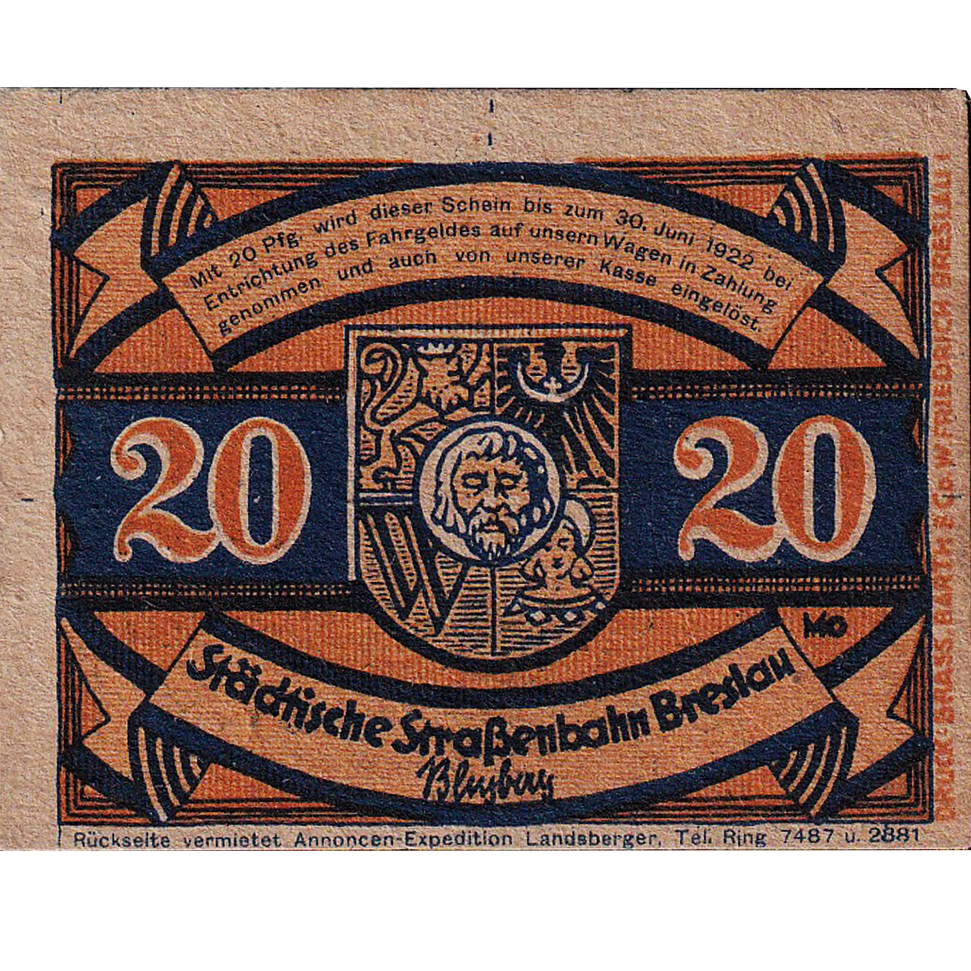 Banknote, Germany, Breslau, 20 Pfennig, texte 1, 1922, UNC(63), Mehl:187.1