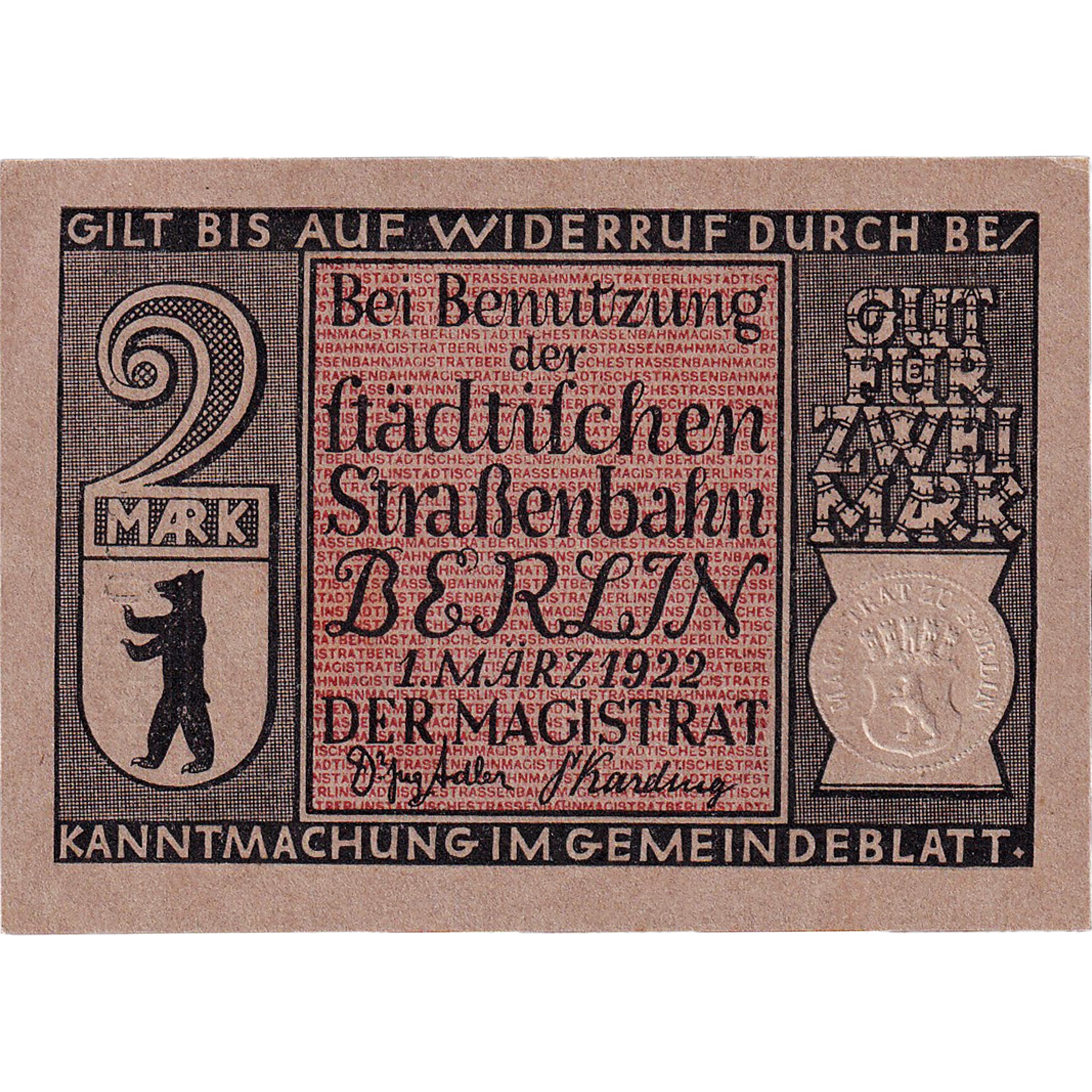 Banconote, Germania, Berlin, 2 Mark, ours, 1922, 1922-03-01, SPL, Mehl:92.3