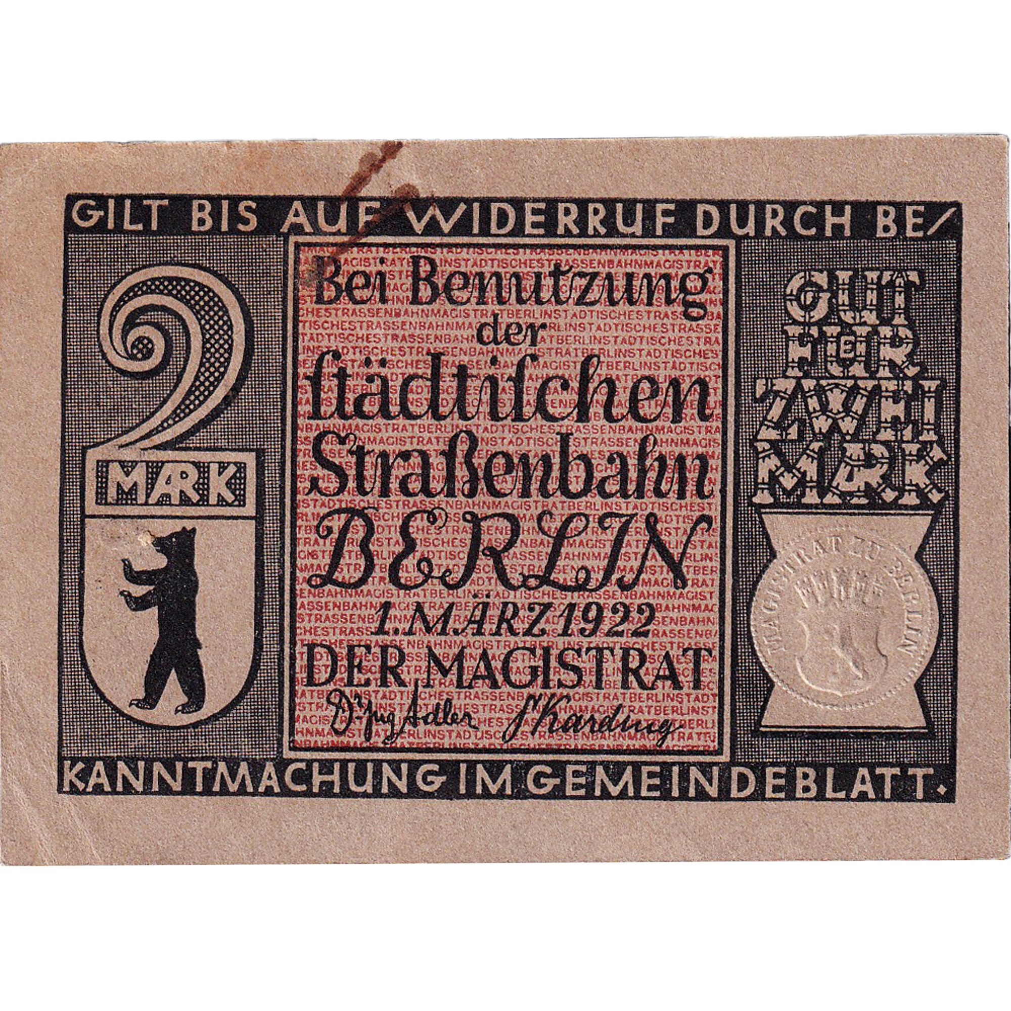 Banknot, Niemcy, Berlin, 2 Mark, route, 1922, 1922-03-01, AU(55-58), Mehl:92.3
