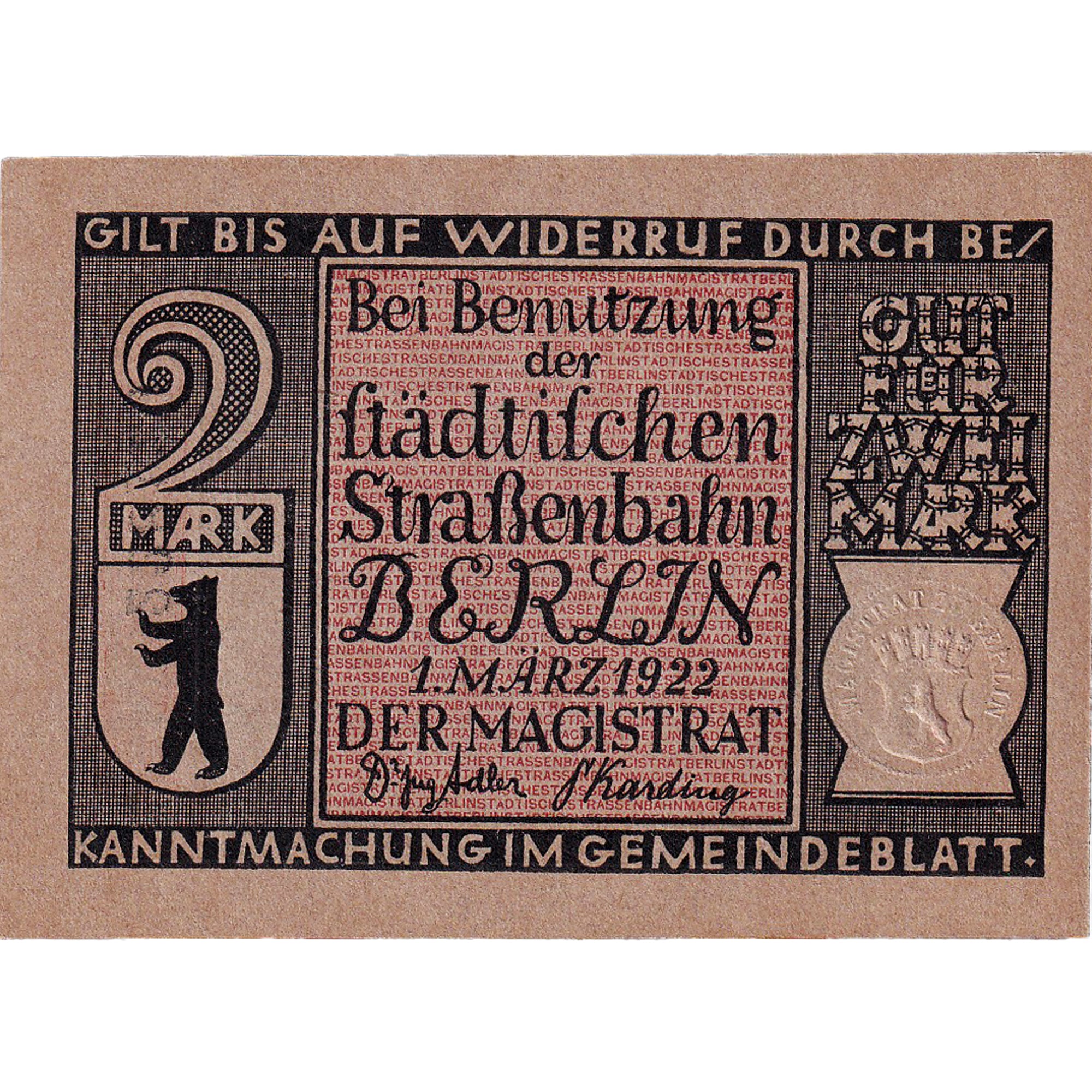 Banconote, Germania, Berlin, 2 Mark, Tramway, 1922, 1922-03-01, SPL, Mehl:92.3