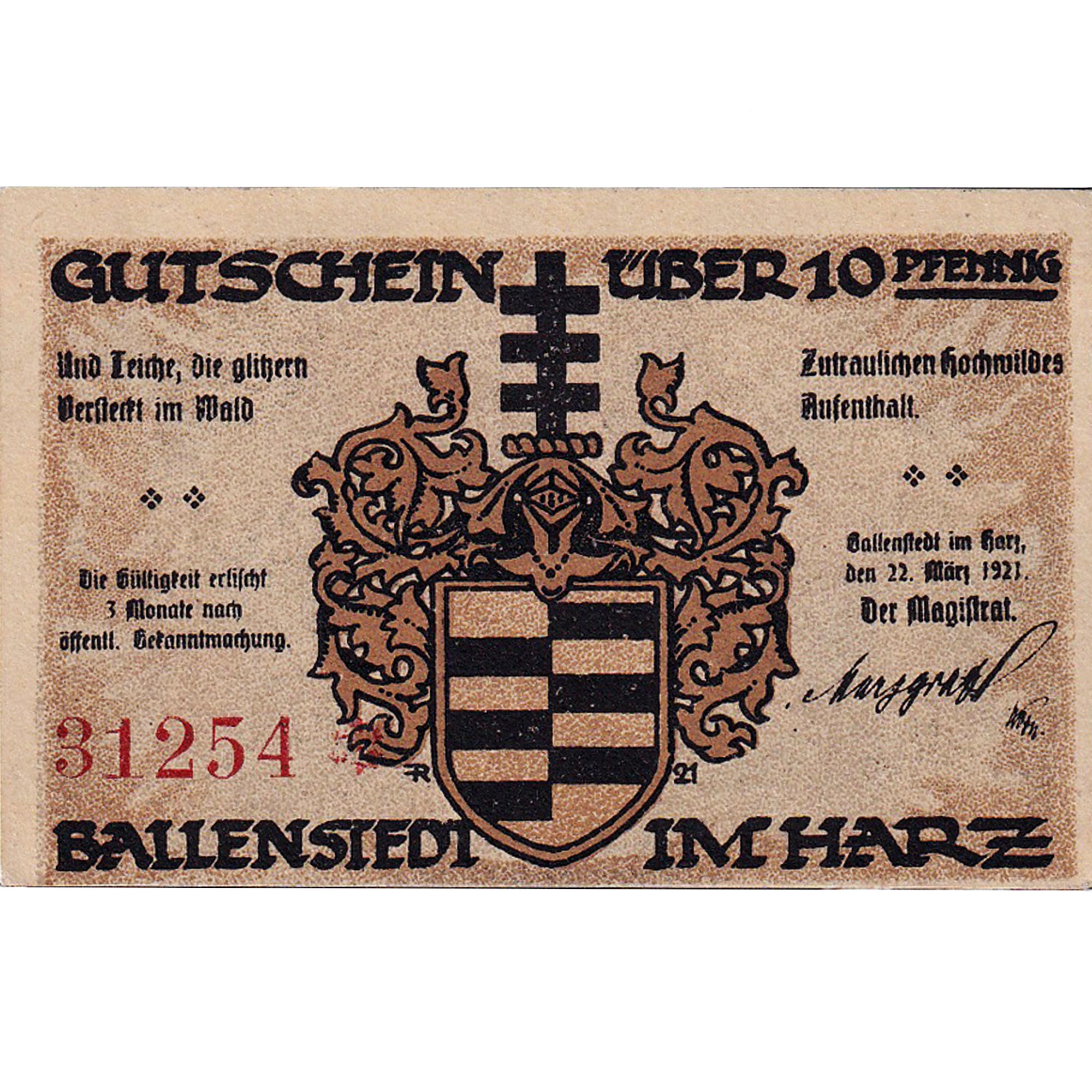 Banconote, Germania, Ballenstedt, 10 Pfennig, manoir, 1921 SPL Mehl:61.3
