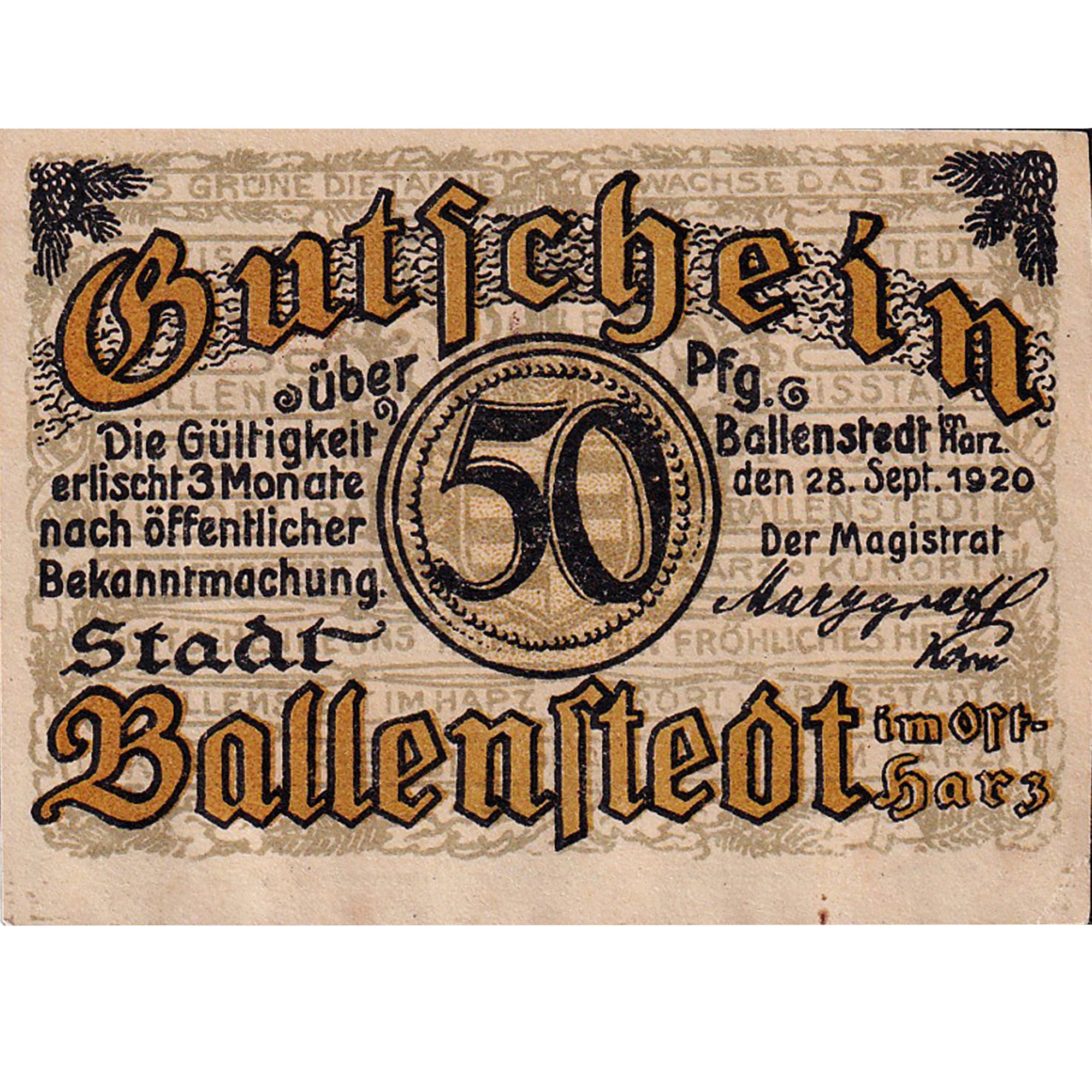 Banknot, Niemcy, Ballenstedt, 50 Pfennig, arbre 1920-09-28, UNC(63) Mehl:61.1a