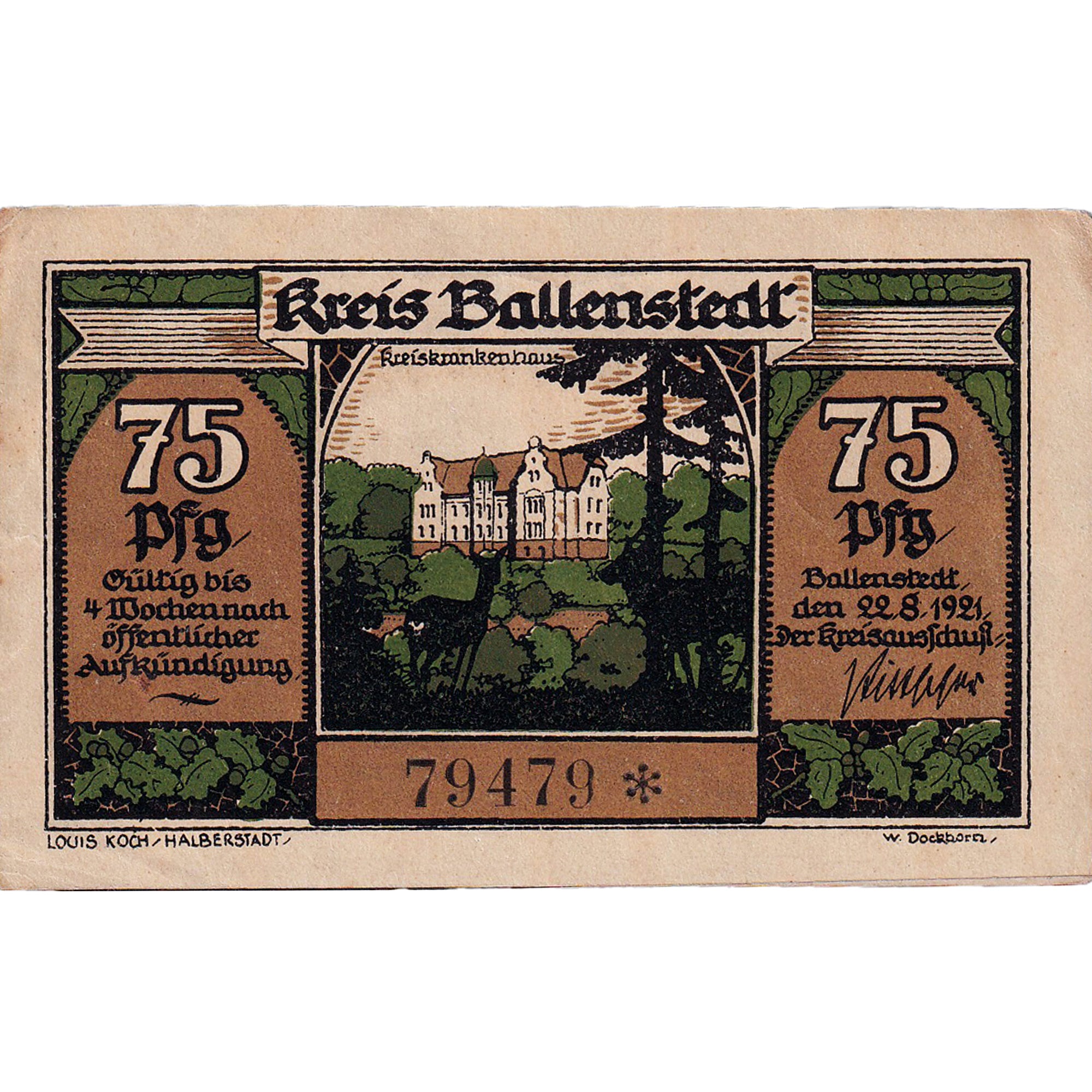 Banknot, Niemcy, Ballenstedt, 75 Pfennig, bois, 1921 UNC(63) Mehl:61.1a