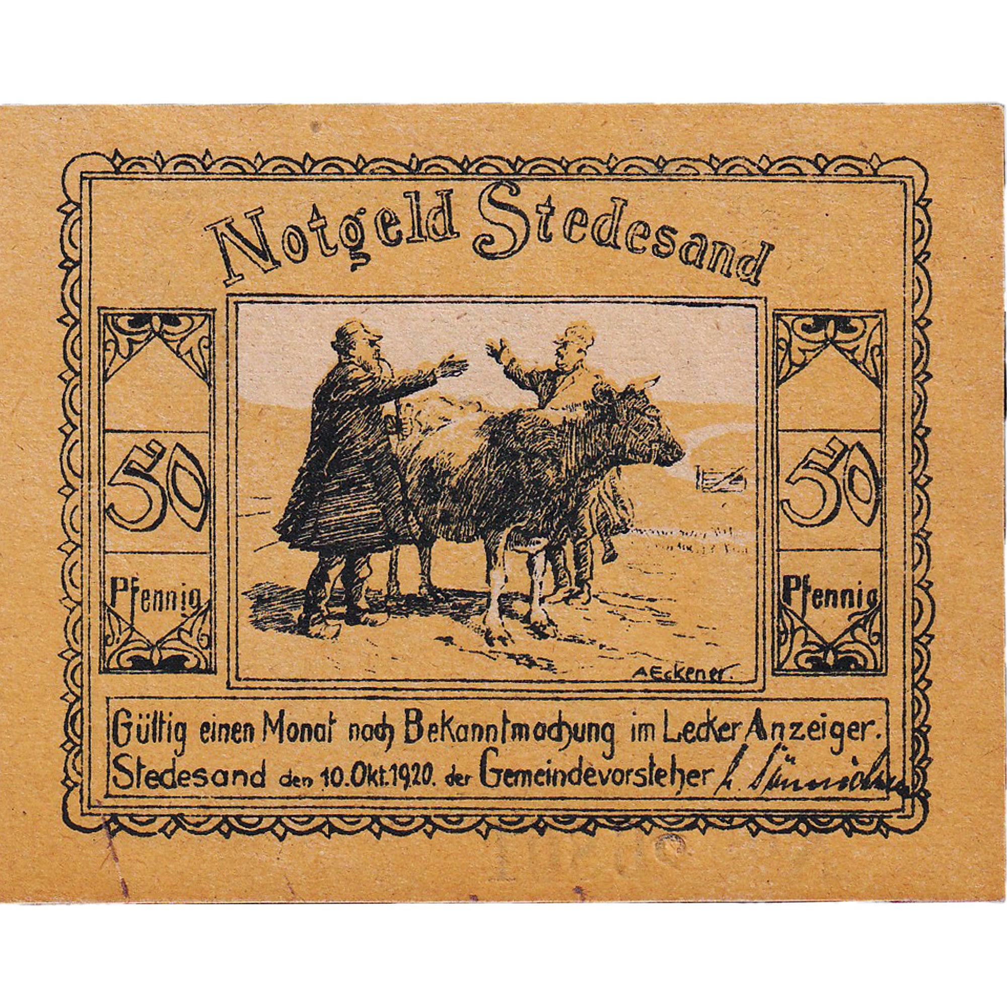 Banknot, Niemcy, Stedesand, 50 Pfennig, personnage, 1920 UNC(63) Mehl:1259.1b