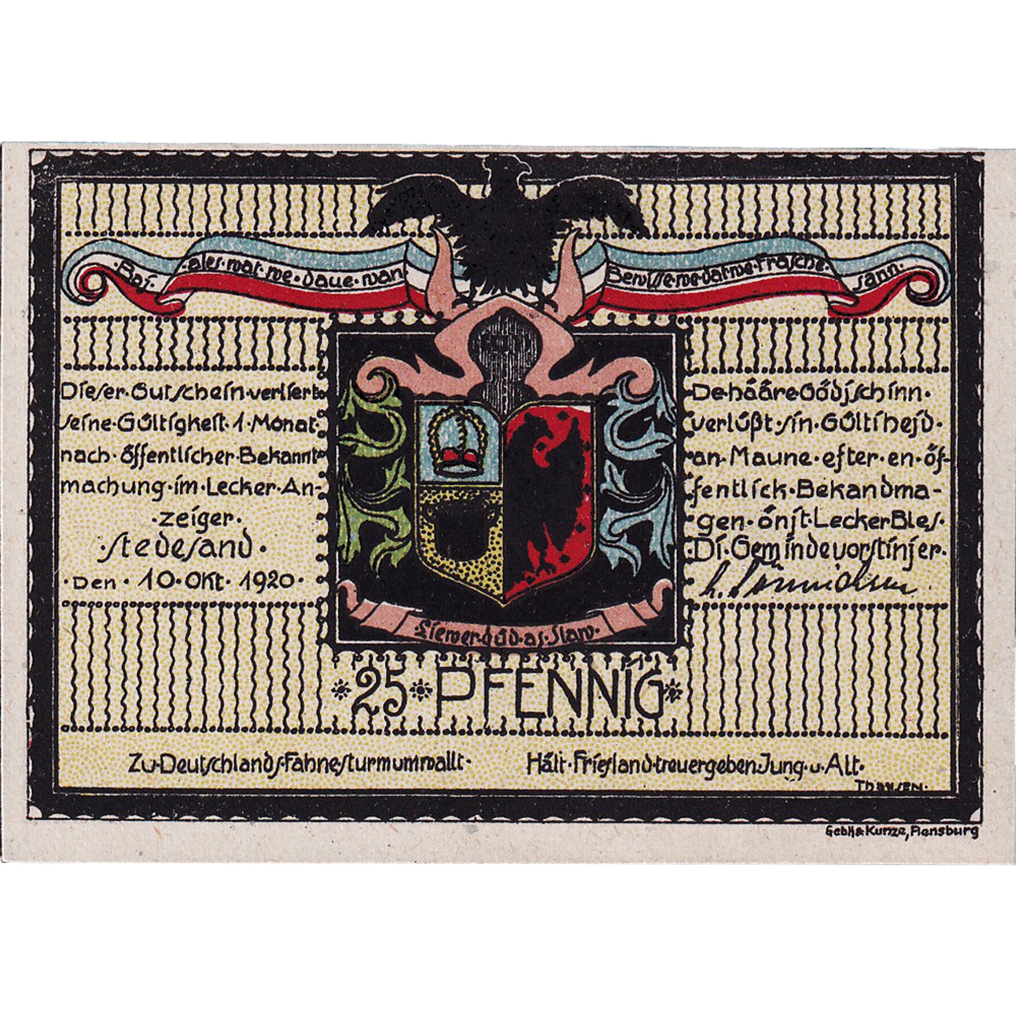 Banconote, Germania, Stedesand, 25 Pfennig, ferme 1920-10-10, SPL Mehl:1259.1a