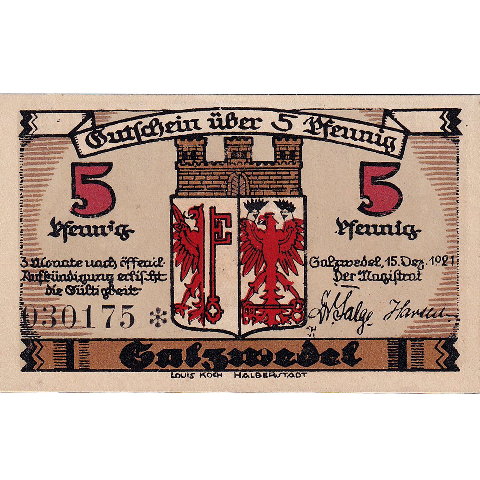 Banconote, Germania, Salzwedel, 5 Pfennig, château, 1921 SPL Mehl:1162.2a