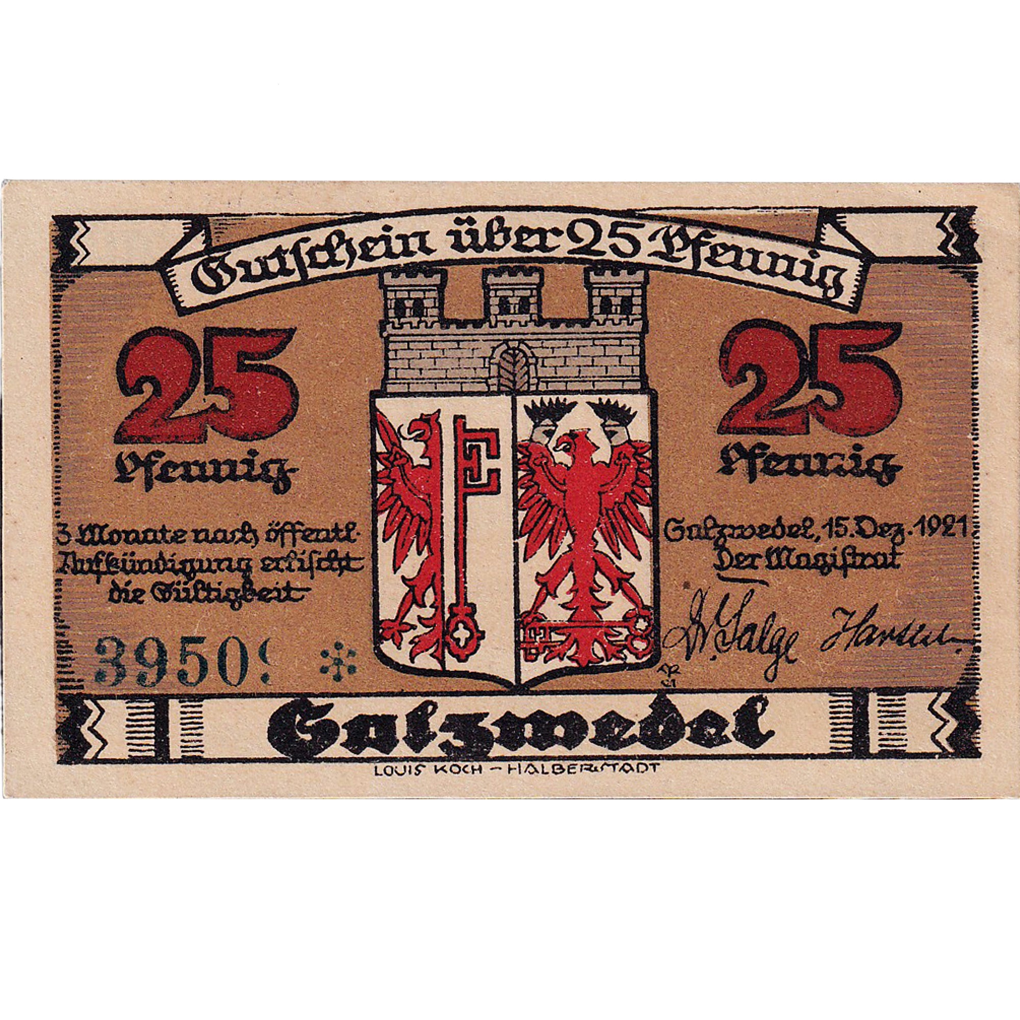 Banknot, Niemcy, Salzwedel, 25 Pfennig, porte, 1921 UNC(63) Mehl:1162.2a