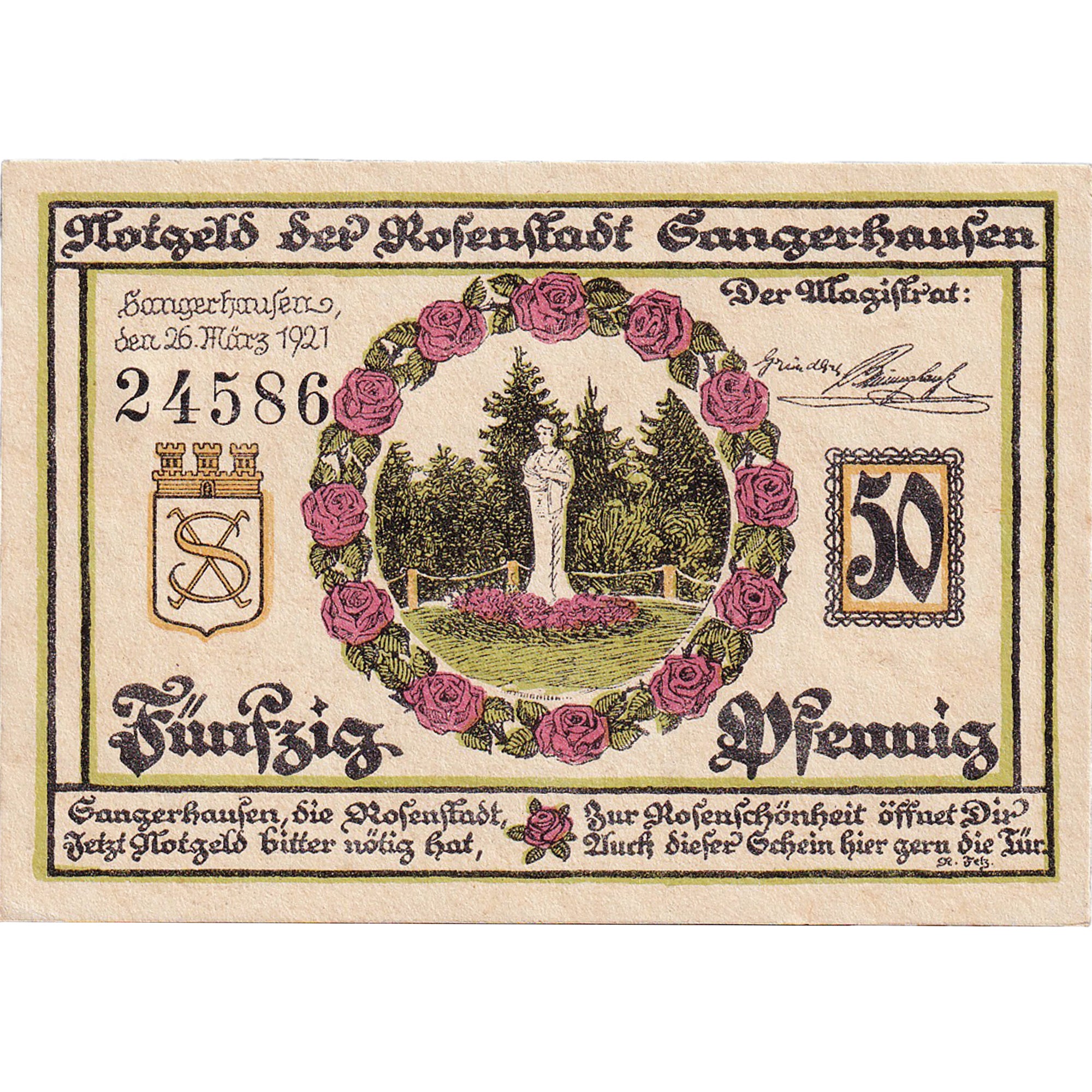 Banknot, Niemcy, Sangerhausen, 50 Pfennig, statue, 1921 UNC(63) Mehl:1163.1b