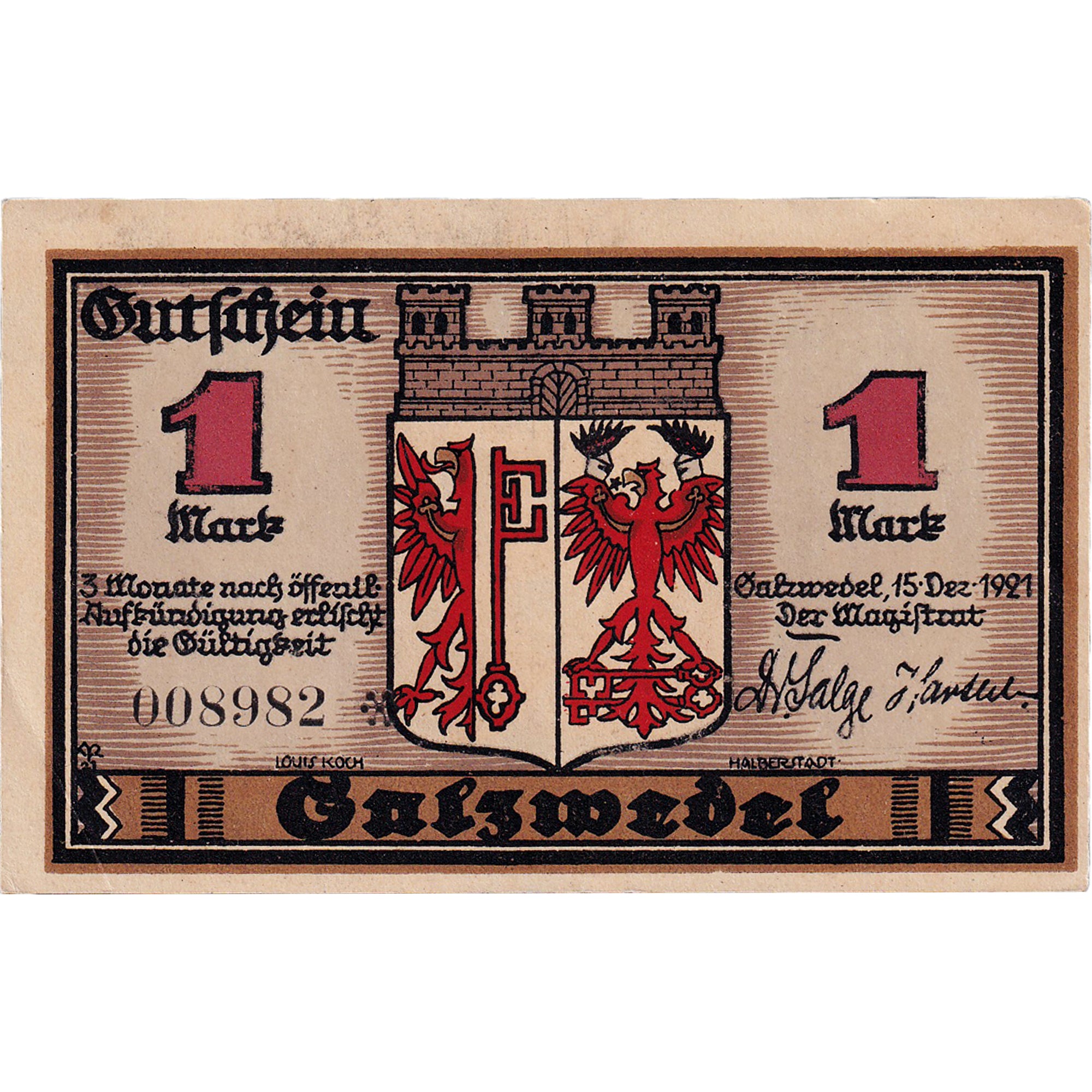 Banconote, Germania, Salzwedel, 1 Mark, manoir, 1921 SPL Mehl:1262.2a