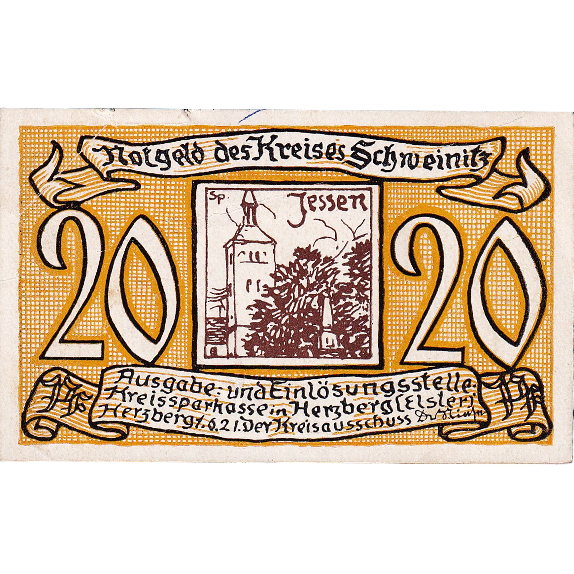 Banknot, Niemcy, Schweinitz, 20 Pfennig, Eglise, 1921 UNC(63) Mehl:1212.1