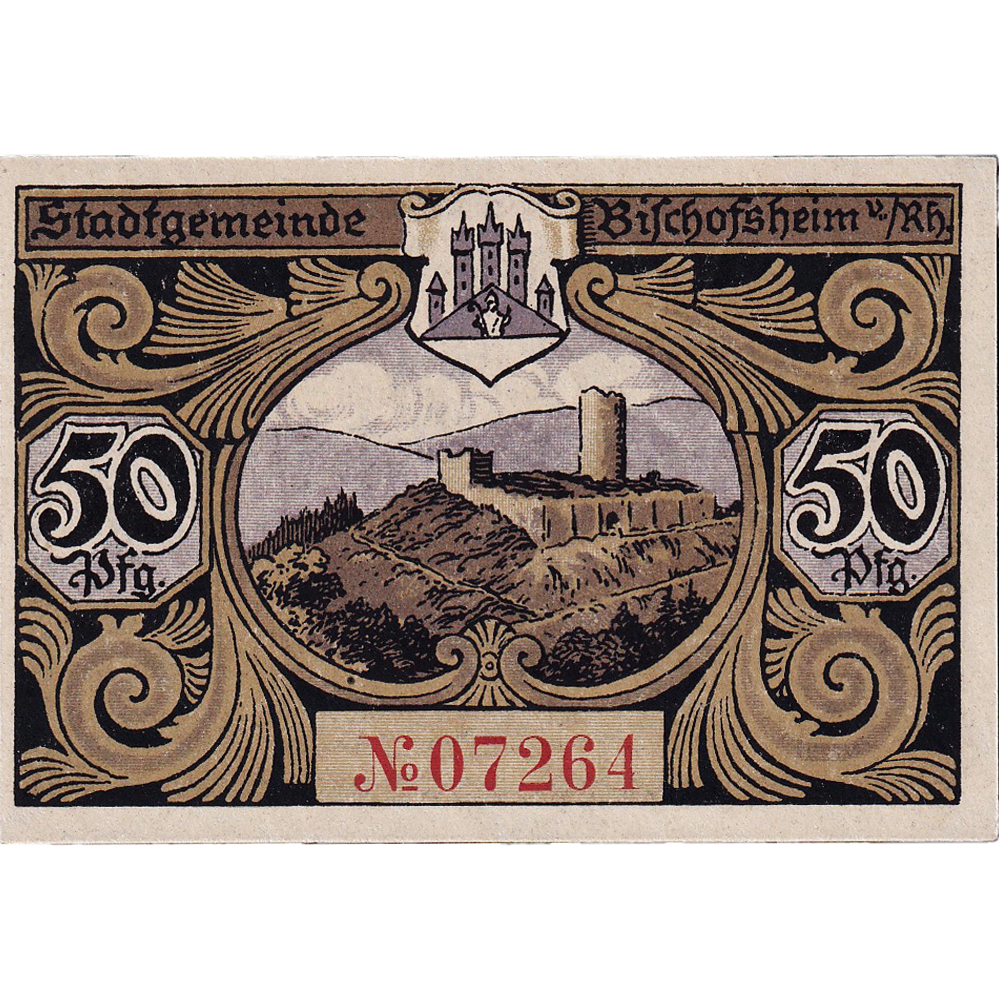 Banknot, Niemcy, Bischofsheim, 50 Pfennig, ruine, 1921, UNC(63), Mehl:107.2