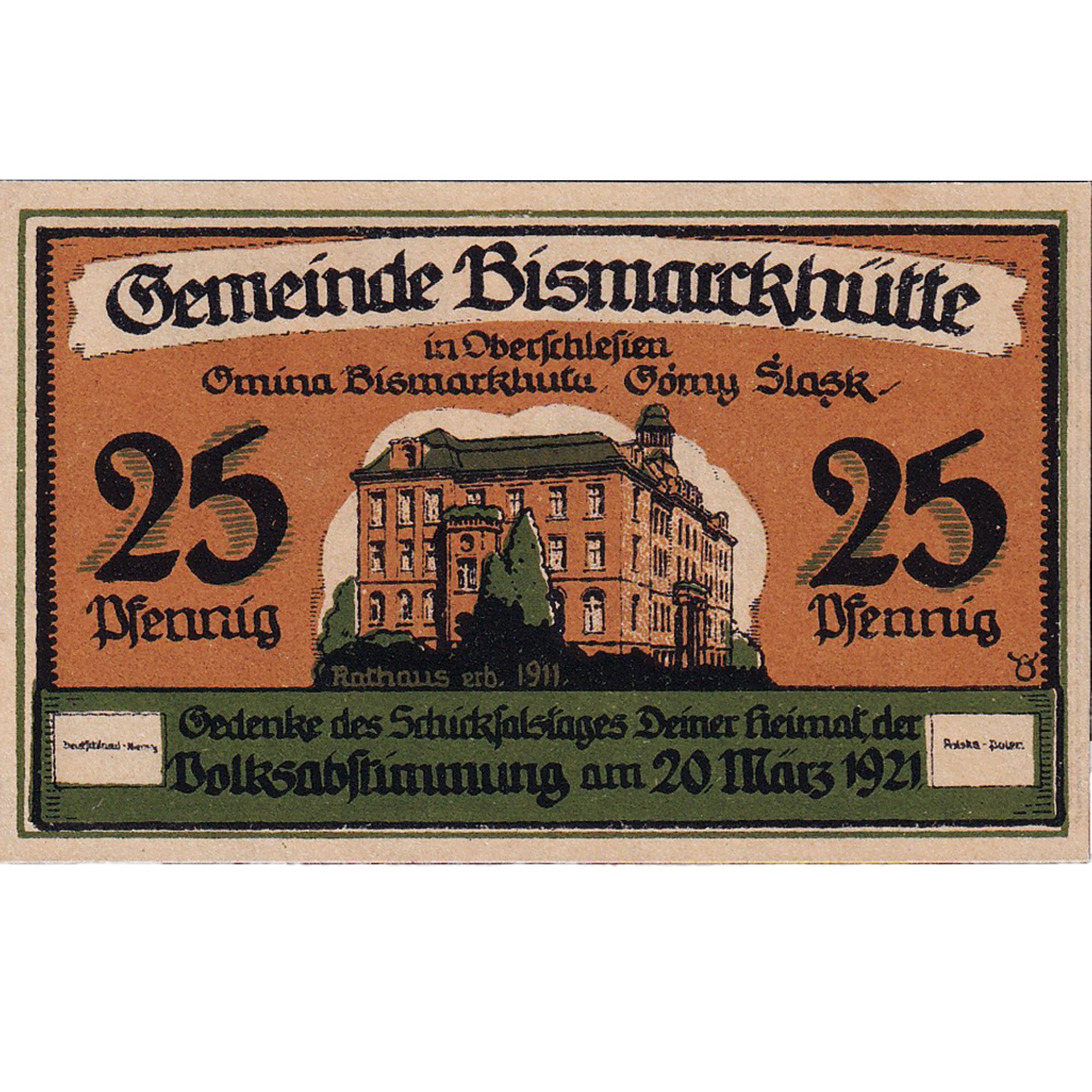 Banconote, Germania, Bismarckhütte, 25 Pfennig, Batiment, 1921 SPL Mehl:108.1