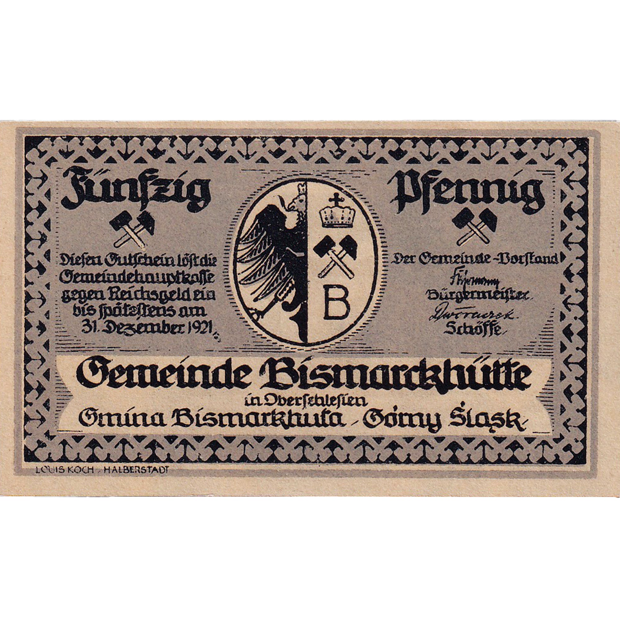 Billet, Allemagne, Bismarckhütte, 50 Pfennig, Blason, 1921 SPL Mehl:108.1