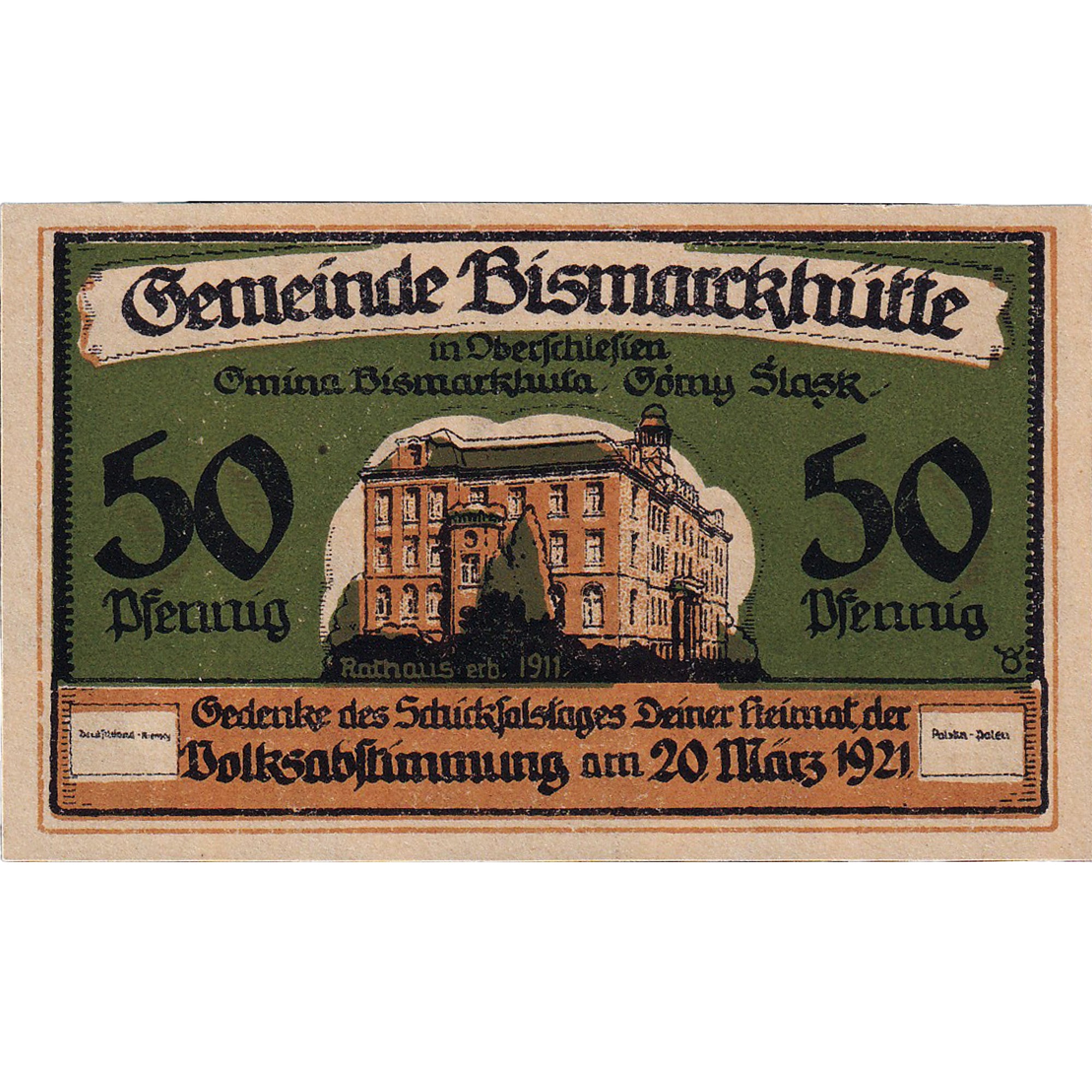 Billet, Allemagne, Bismarckhütte, 50 Pfennig, Blason, 1921 SPL Mehl:108.1
