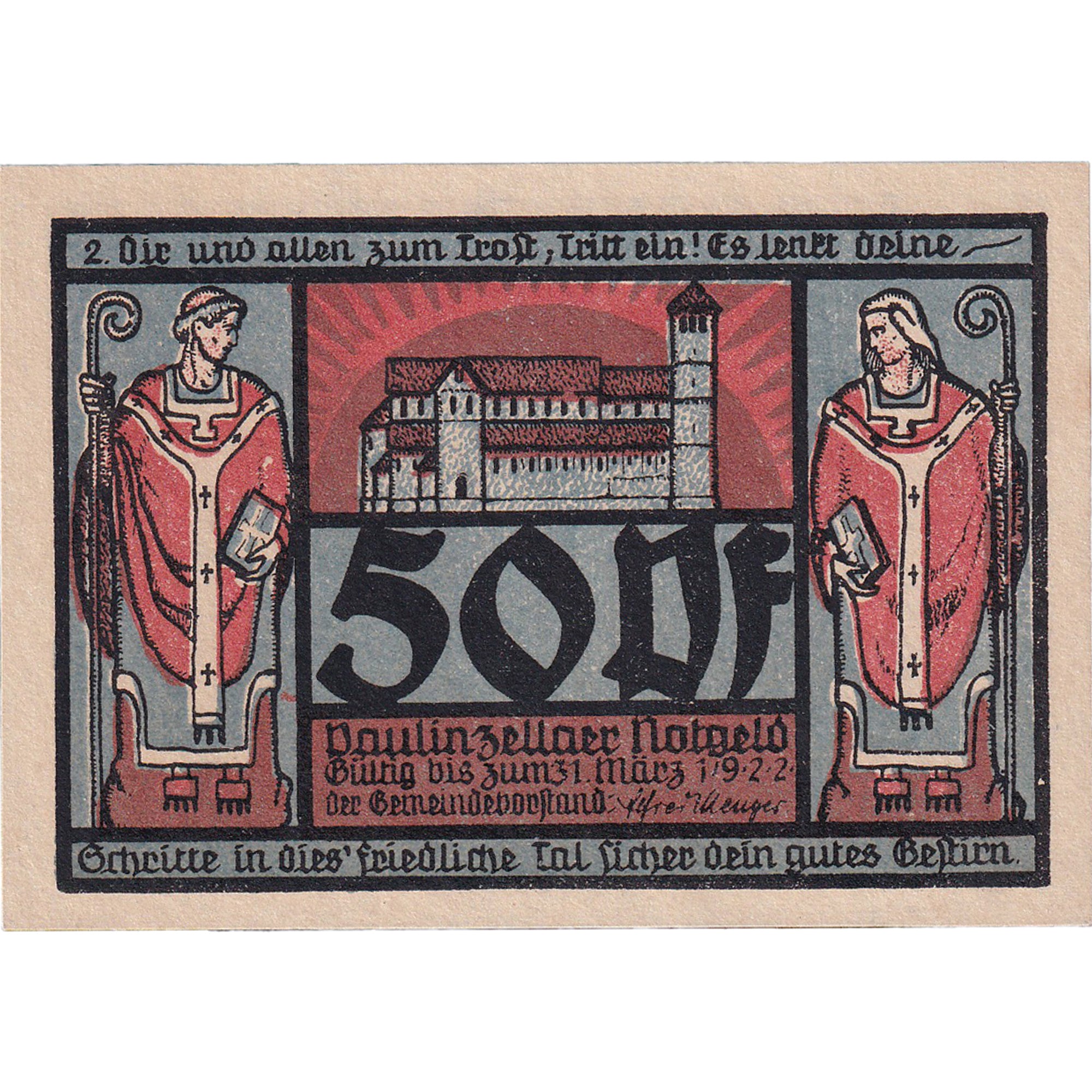 Banknot, Niemcy, Paulinzella, 50 Pfennig, cathédrale, 1922 SPL Mehl:1053.1c