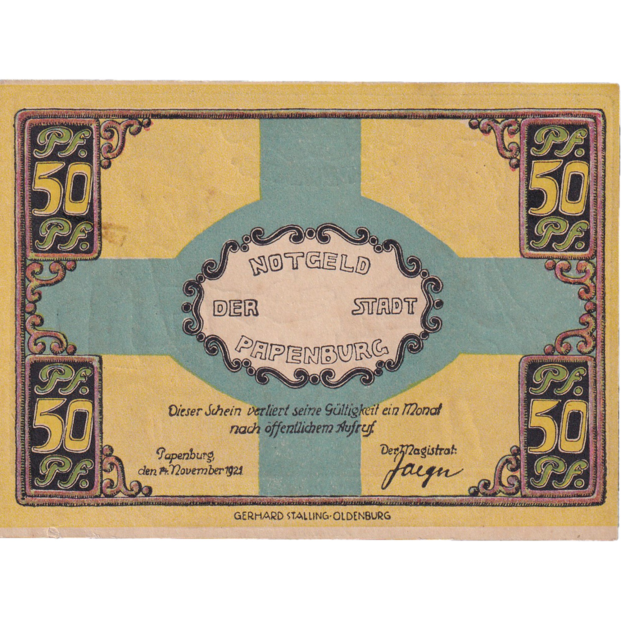 Billete, Alemania, Papenburg, 50 Pfennig, personnage, 1921 SC Mehl:1044.1