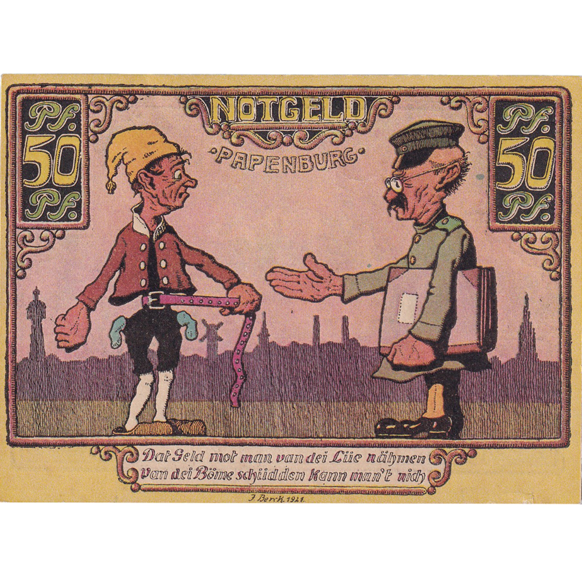 Billete, Alemania, Papenburg, 50 Pfennig, personnage, 1921 SC Mehl:1044.1