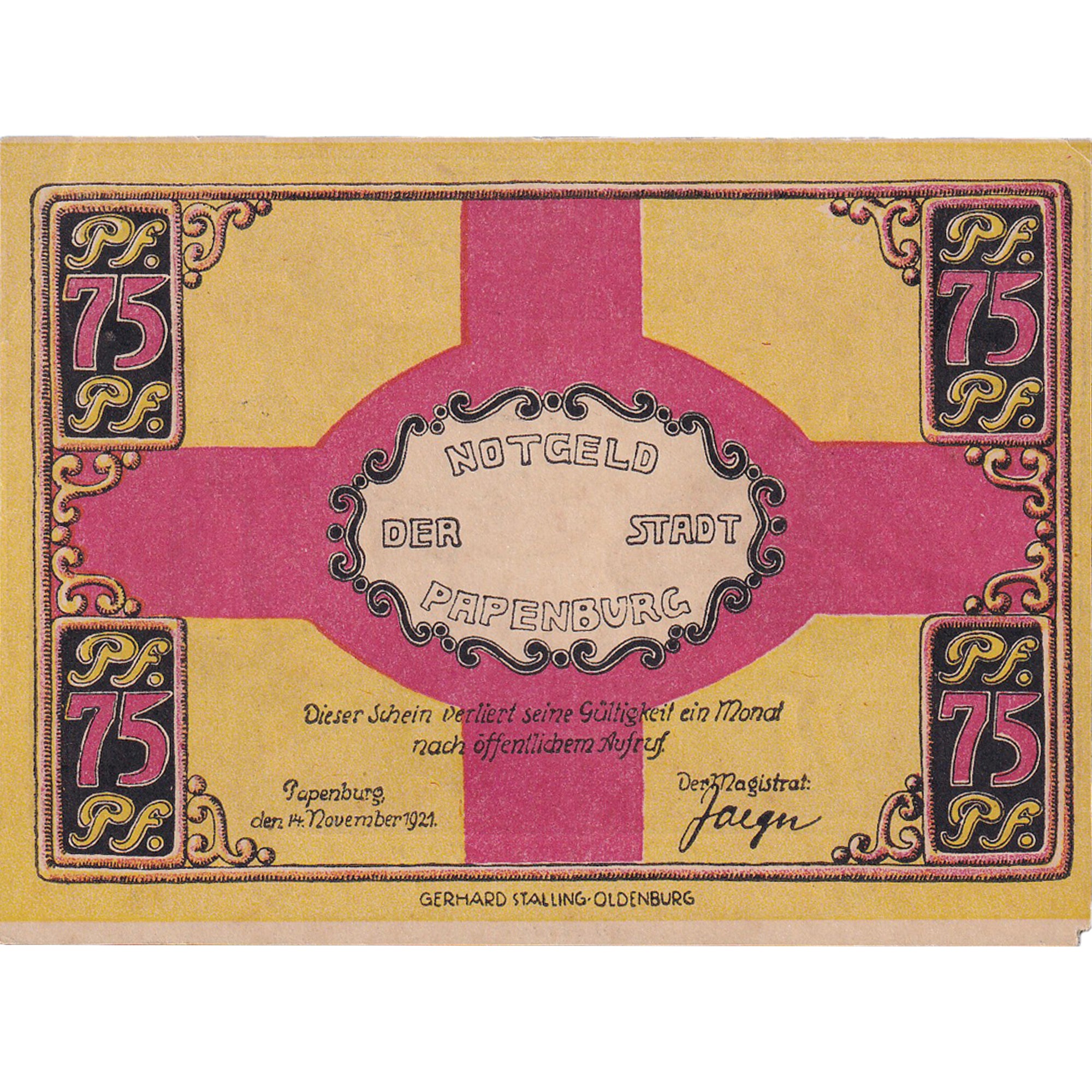 Banconote, Germania, Papenburg, 75 Pfennig, personnage 1921 SPL Mehl:1044.1