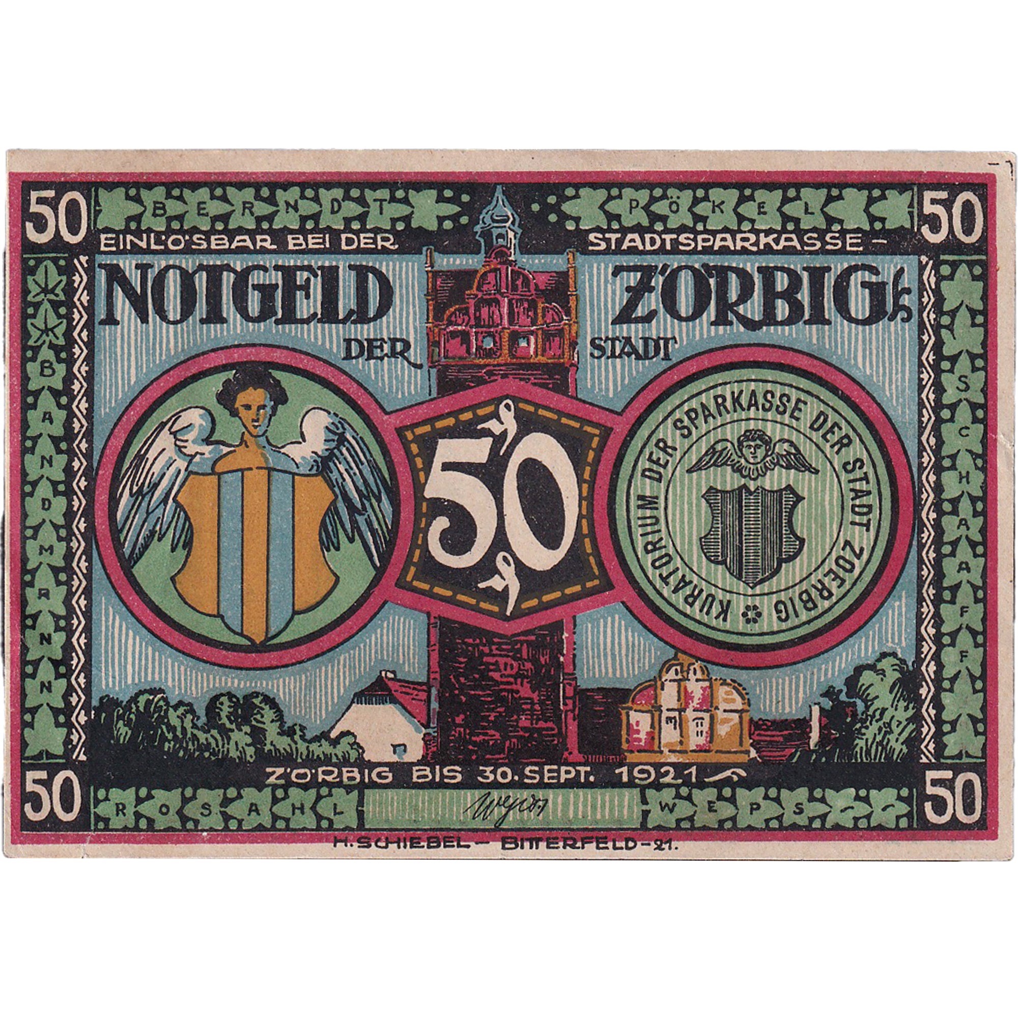 Banknot, Niemcy, Zörbig, 50 Pfennig, personnage 1921 AU(55-58) Mehl:1475.4a