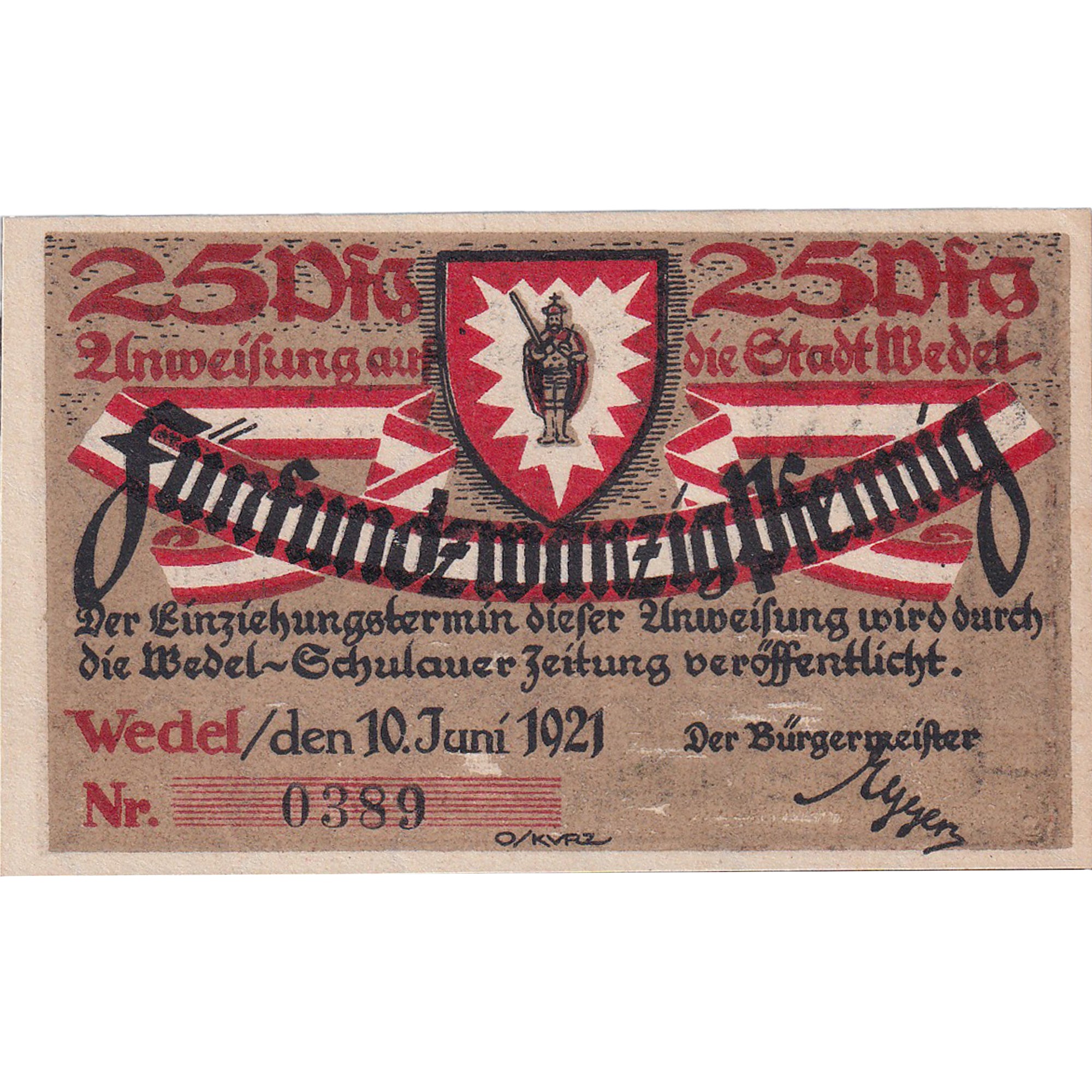 Banconote, Germania, Wedel, 25 Pfennig, statue 1921-06-10, SPL Mehl:1387.1a