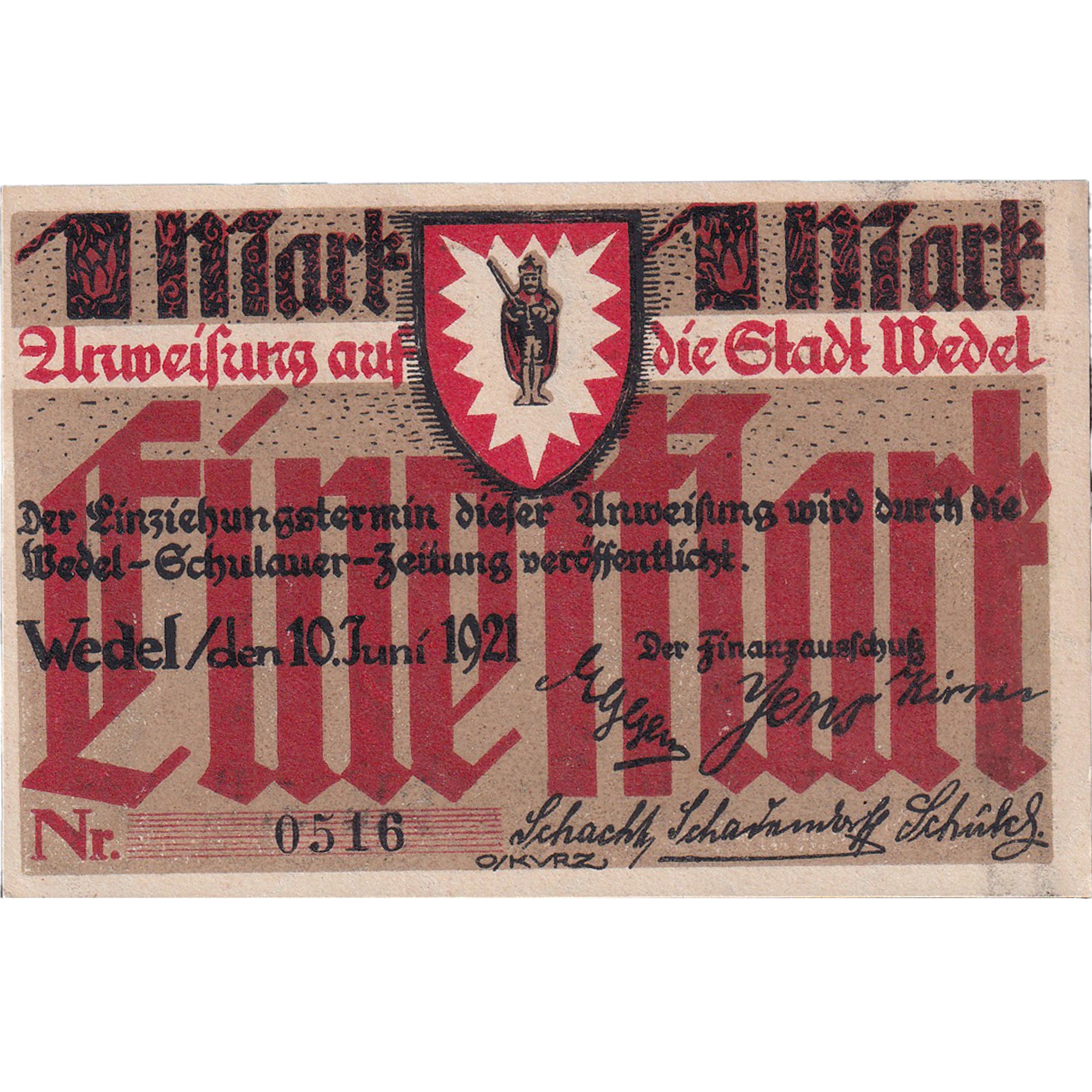 Banconote, Germania, Wedel, 1 Mark, métier 1921-06-10, SPL, Mehl:1387.1a