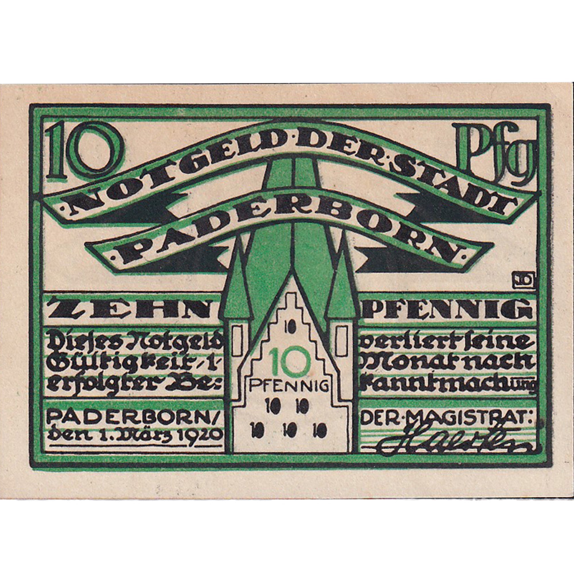 Banknot, Niemcy, Paderborn, 10 Pfennig, roi 1920-03-01, UNC(63) Mehl:P1.1