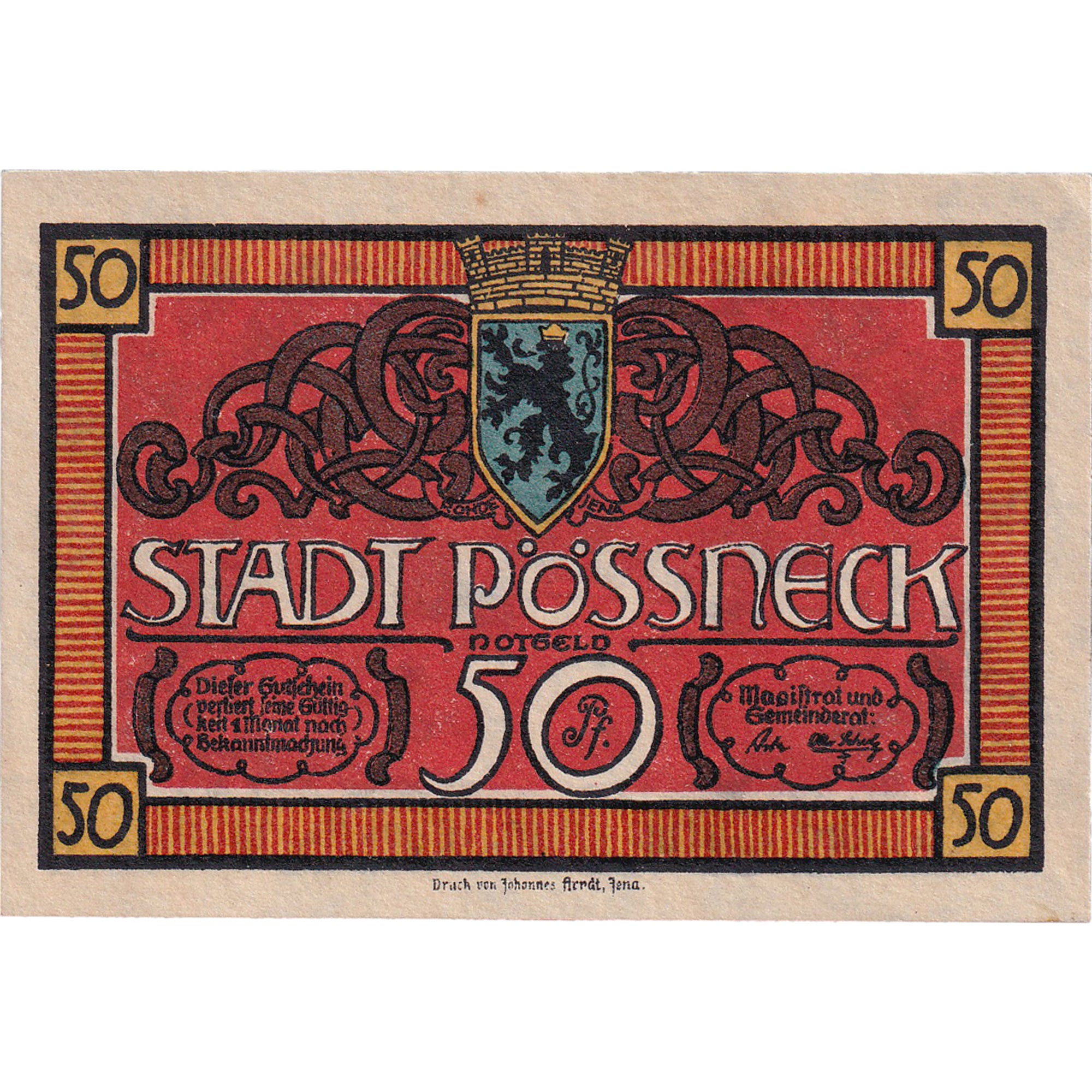 Banconote, Germania, Possneck, 50 Pfennig, Blason, 1921, SPL, Mehl:1066.1